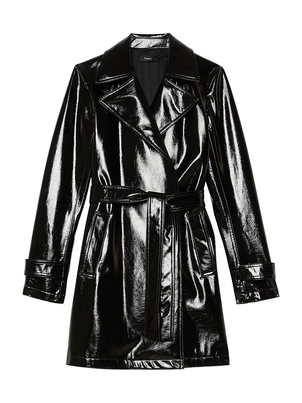 Theory Oaklane Short Faux Patent Leather Trench Coat in Black - Lyst