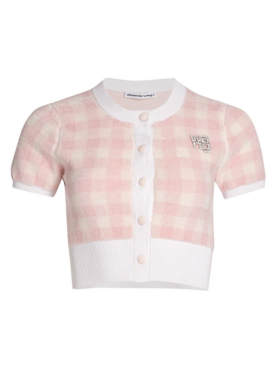 T By Alexander Wang Gingham Crystal Brooch Cropped Cardigan in Pink | Lyst
