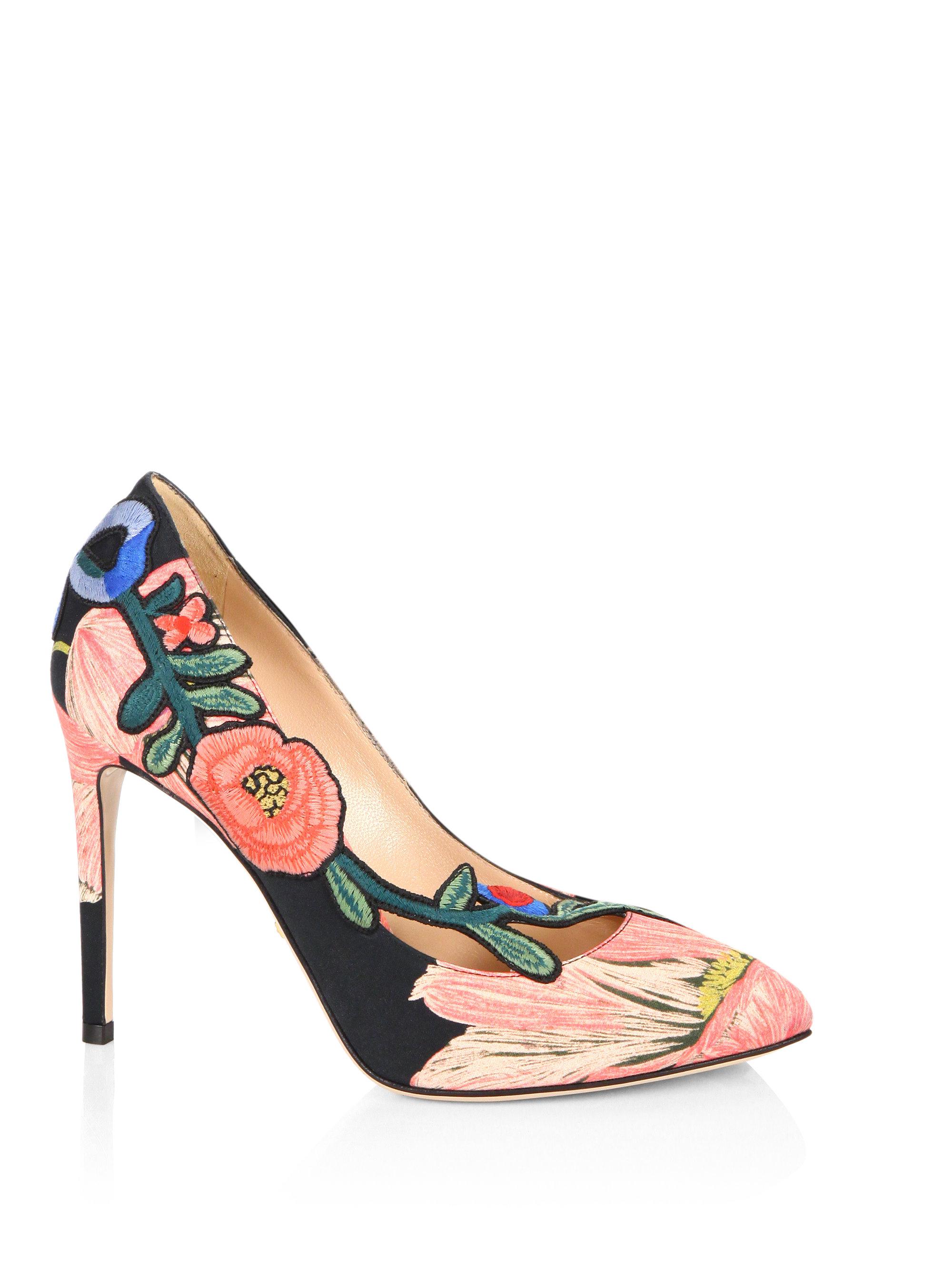 Gucci Ophelia Floral-embroidered Printed Satin Pumps in Pink | Lyst
