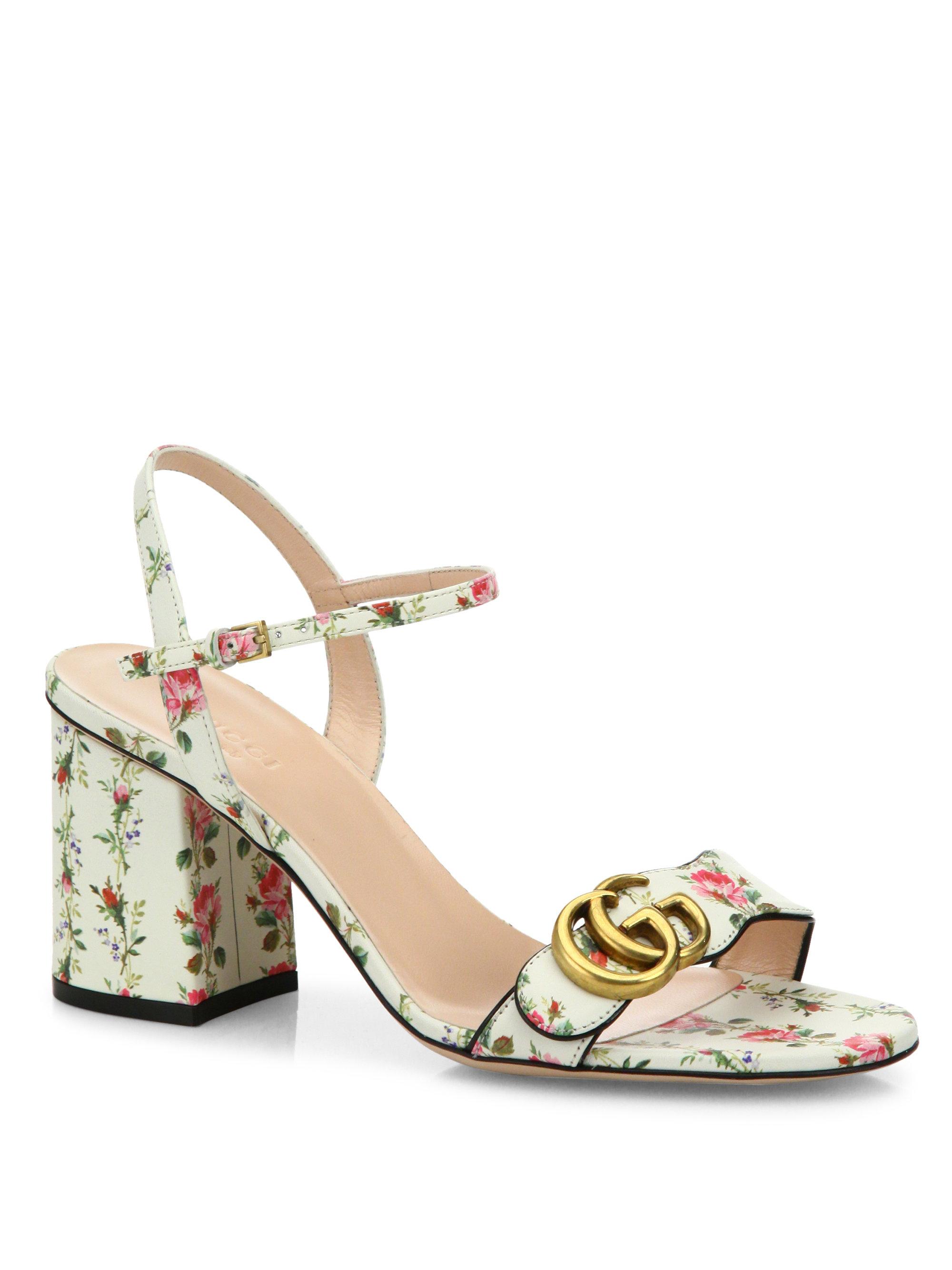 Gucci Floral-print Leather Sandals in White - Lyst