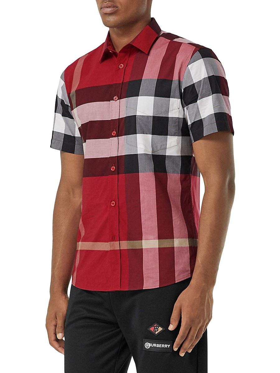 Burberry Short-sleeve Check Stretch Cotton Poplin Shirt in Red for Men |  Lyst