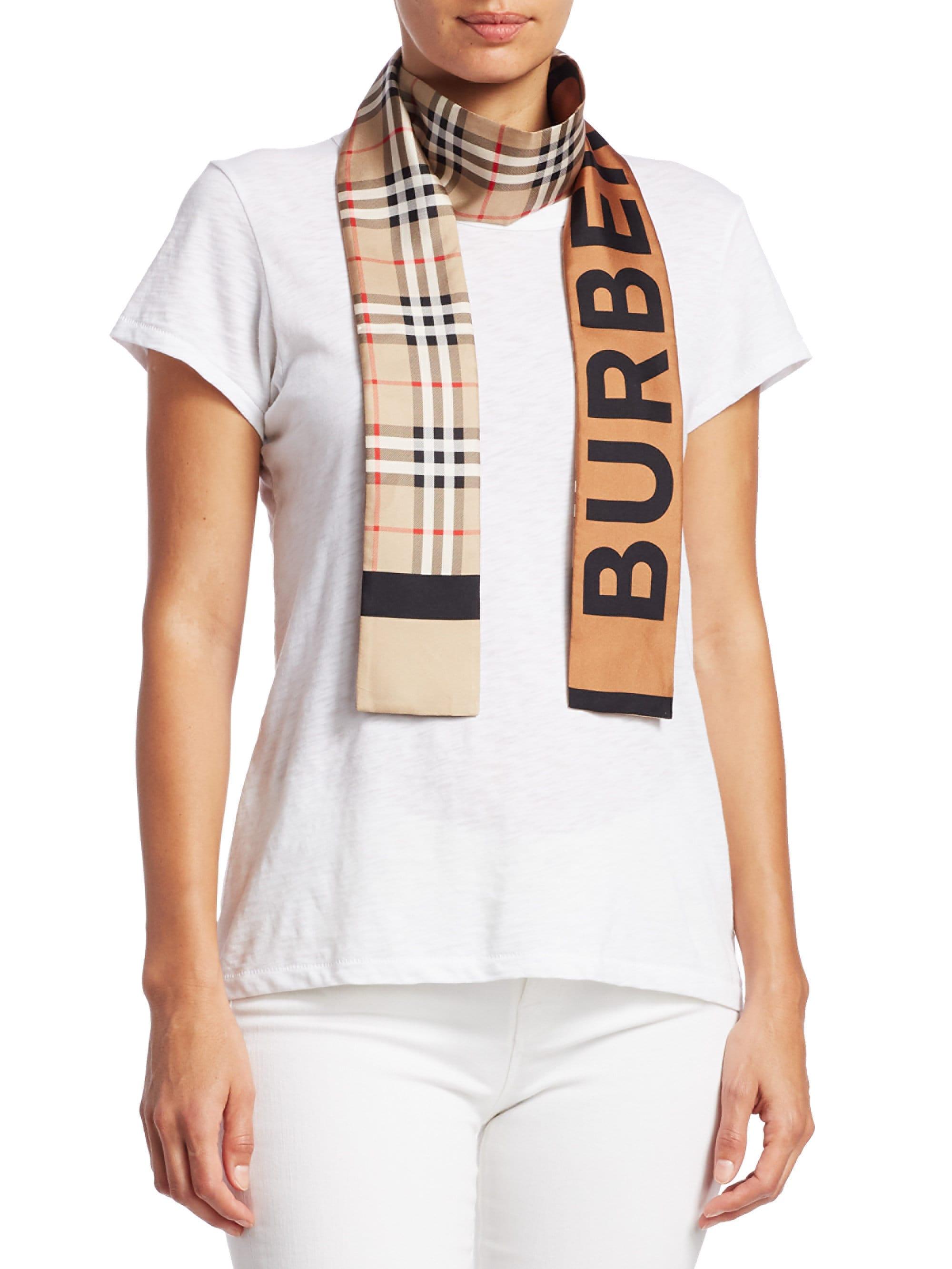 pie Parat Narabar Burberry Vintage Check And Logo Print Silk Skinny Scarf in Natural - Lyst