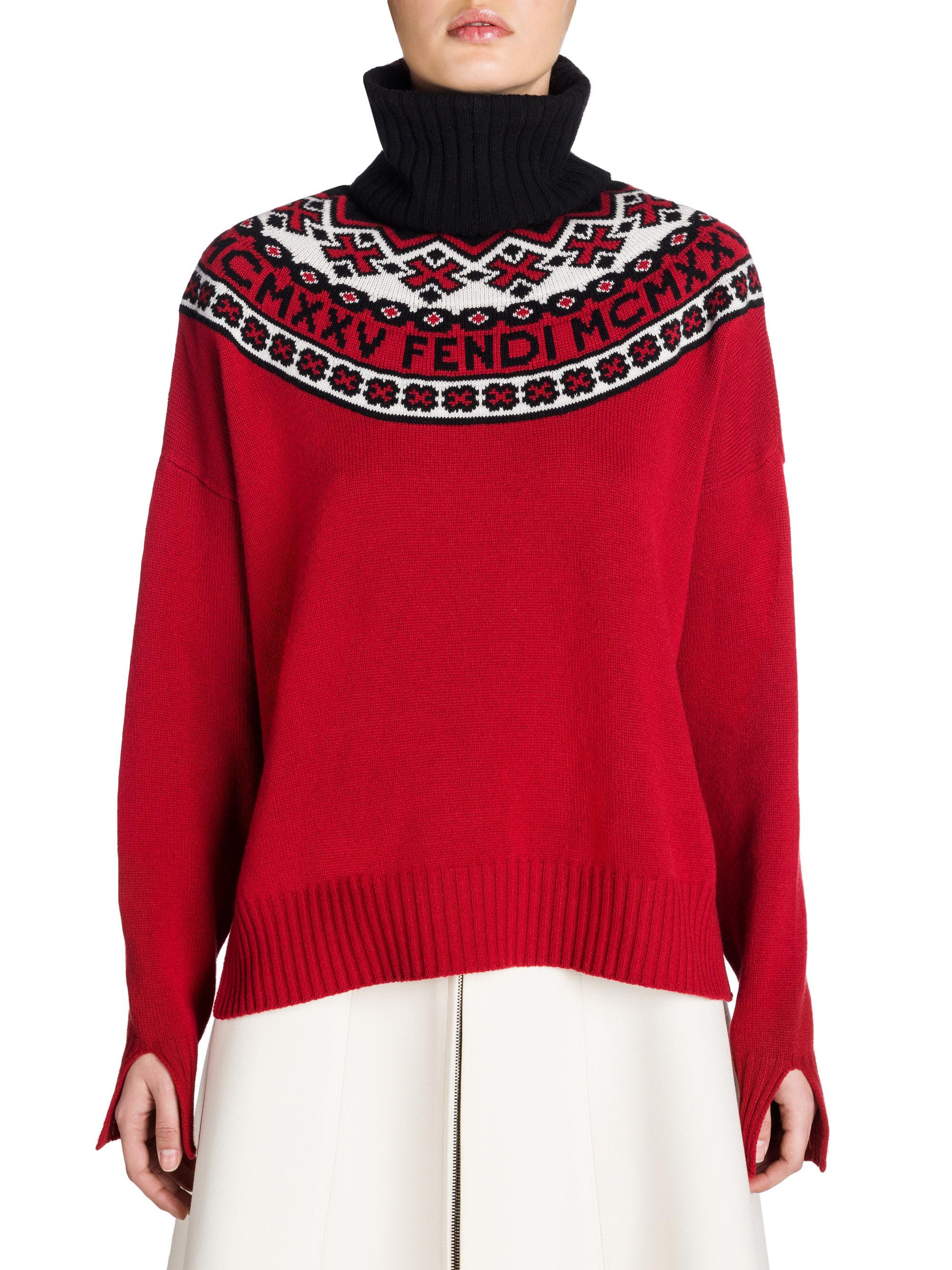 Fendi Fair Isle Wool & Cashmere Turtleneck Sweater in Red - Lyst