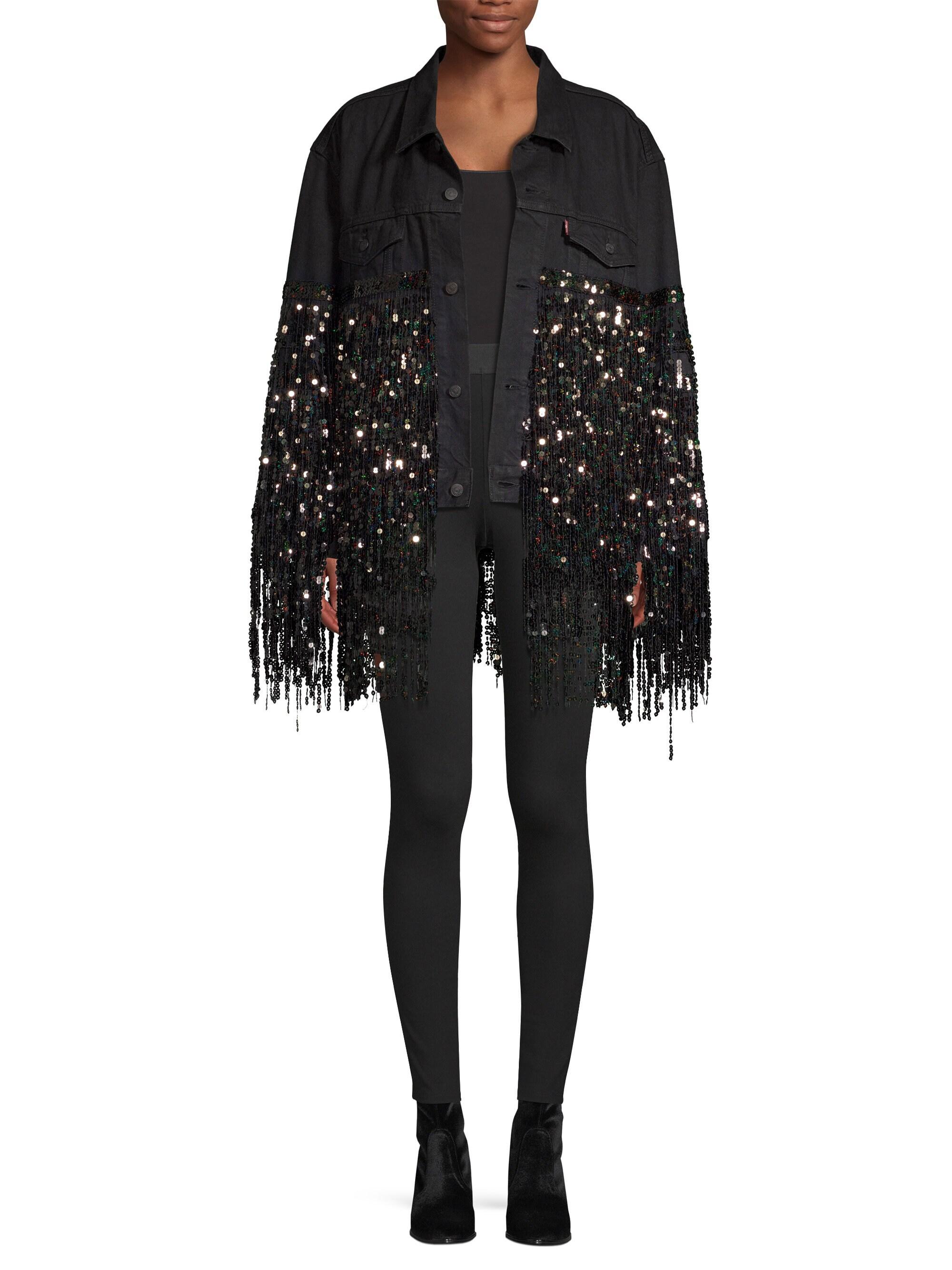 Star Sequin Fringe Denim Jacket - Black 