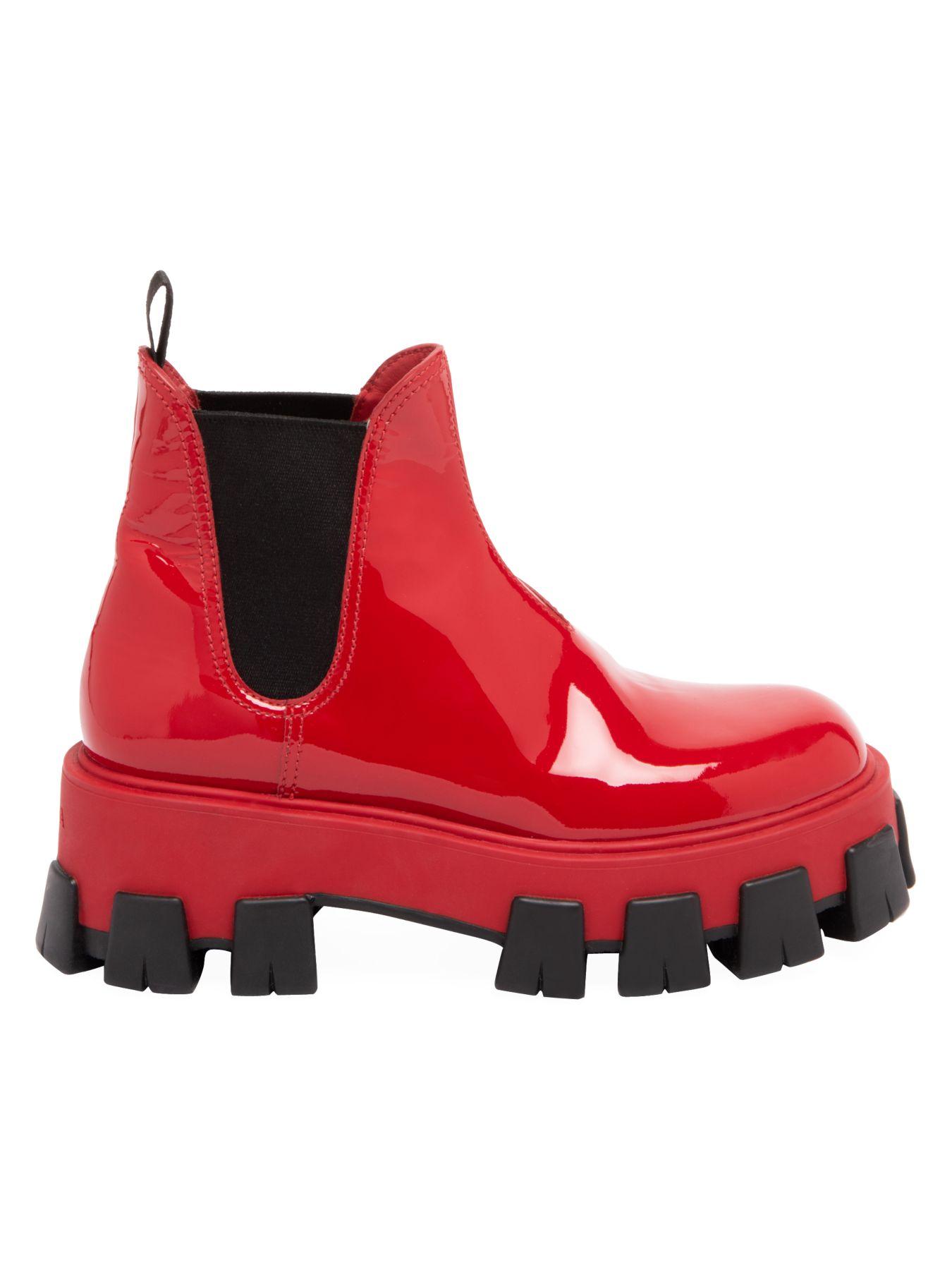 Prada Lug-sole Patent Leather Chelsea Boots in Red - Lyst