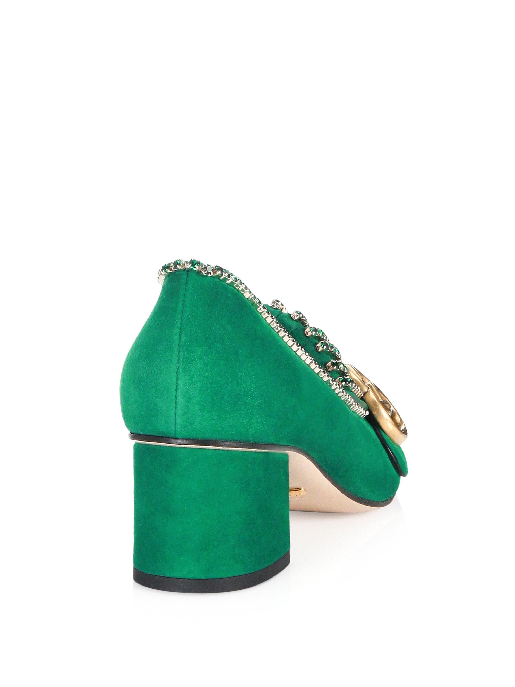 Gucci Marmont Suede Mid-heel Pumps With Crystals in Emerald (Green) - Lyst