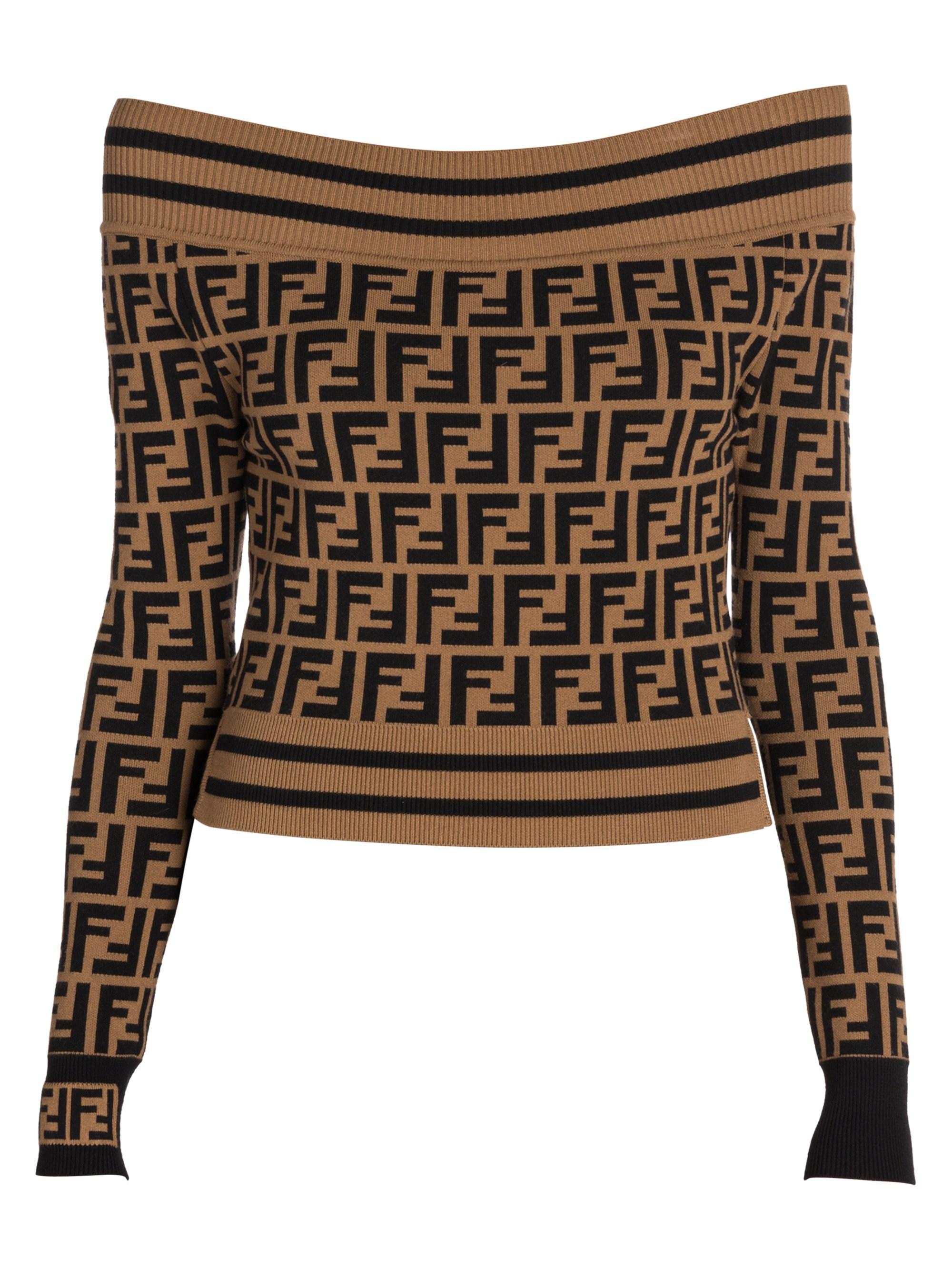 Fendi Women's Off-the-shoulder Knit Logo Sweater - F Brown Logo - Size ...