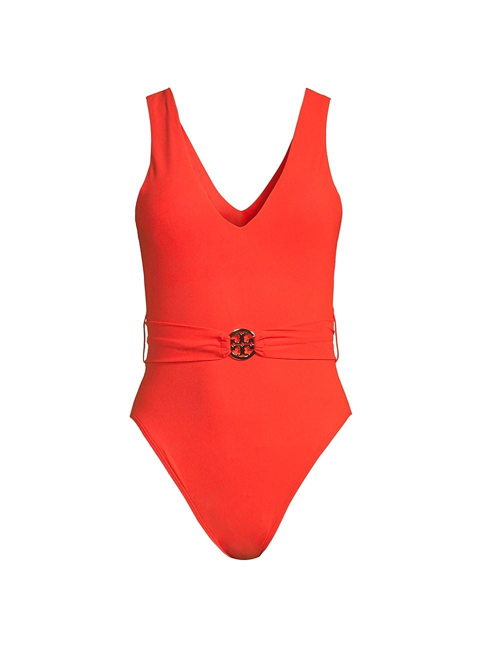 Tory Burch Miller Plunge Belted One-piece Swimsuit in Red | Lyst