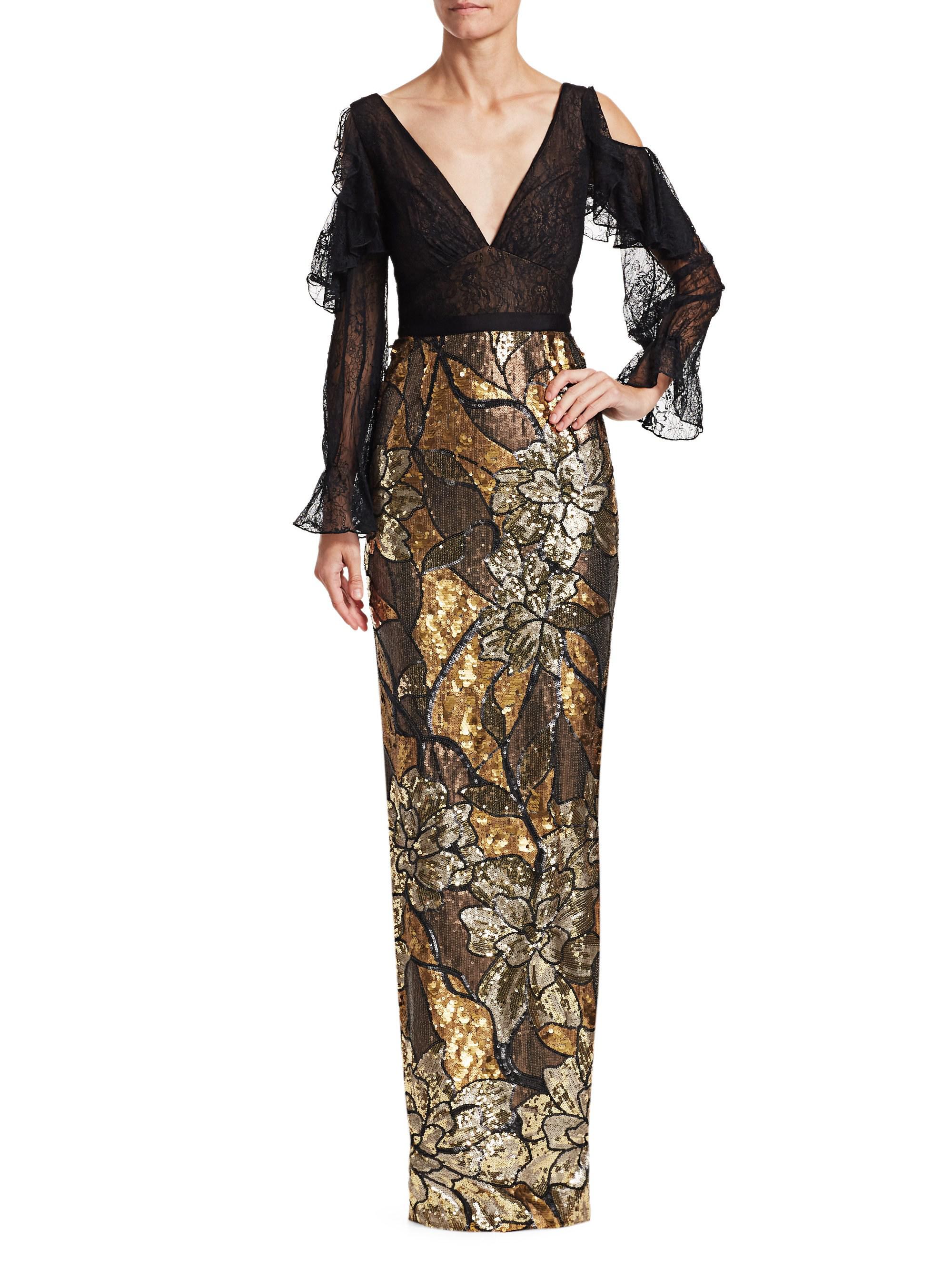 marchesa notte gold artwork sequin gown