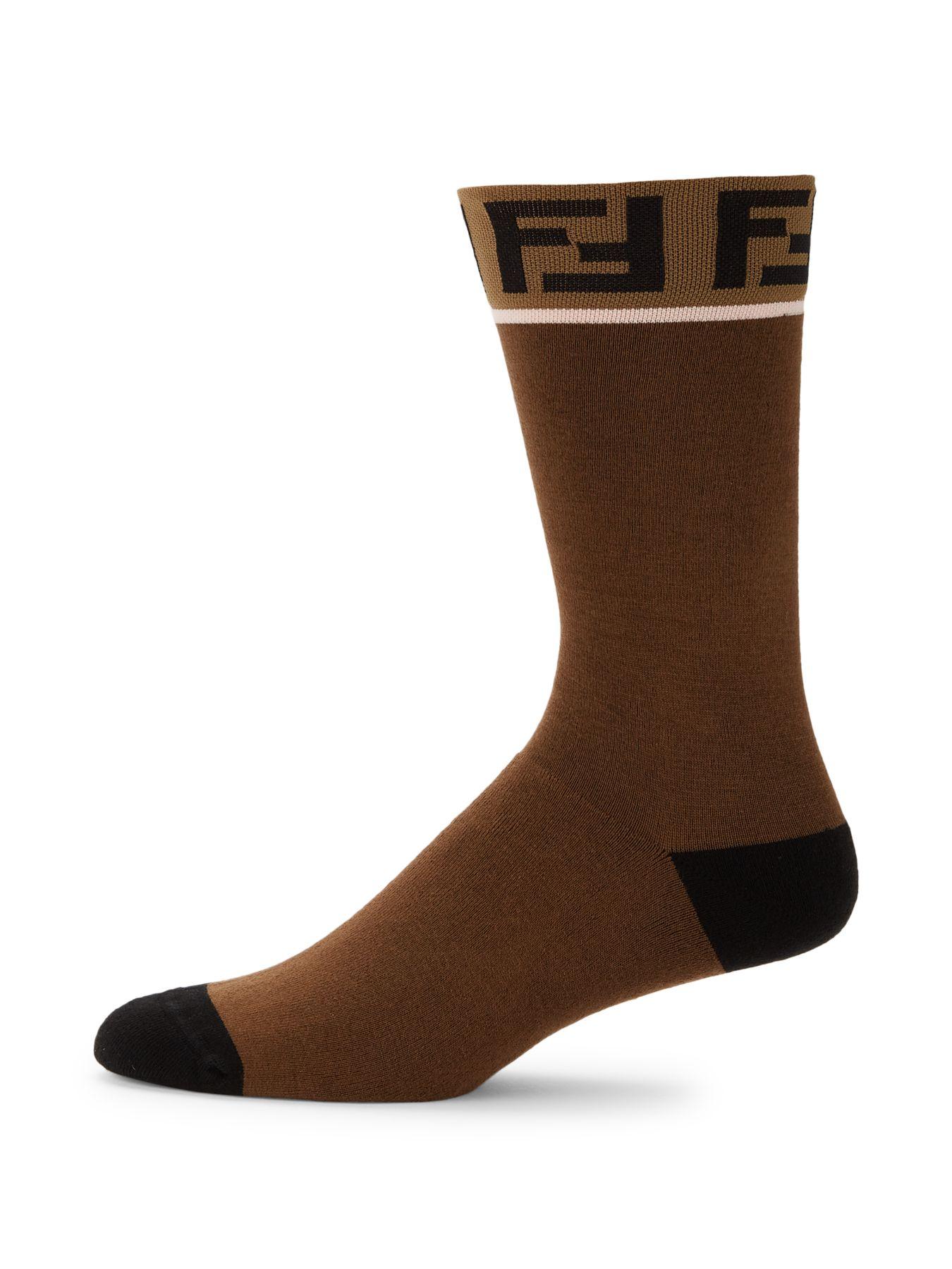 Fendi Cotton Double-f Logo Trim Socks in Chocolate (Brown) for Men - Lyst