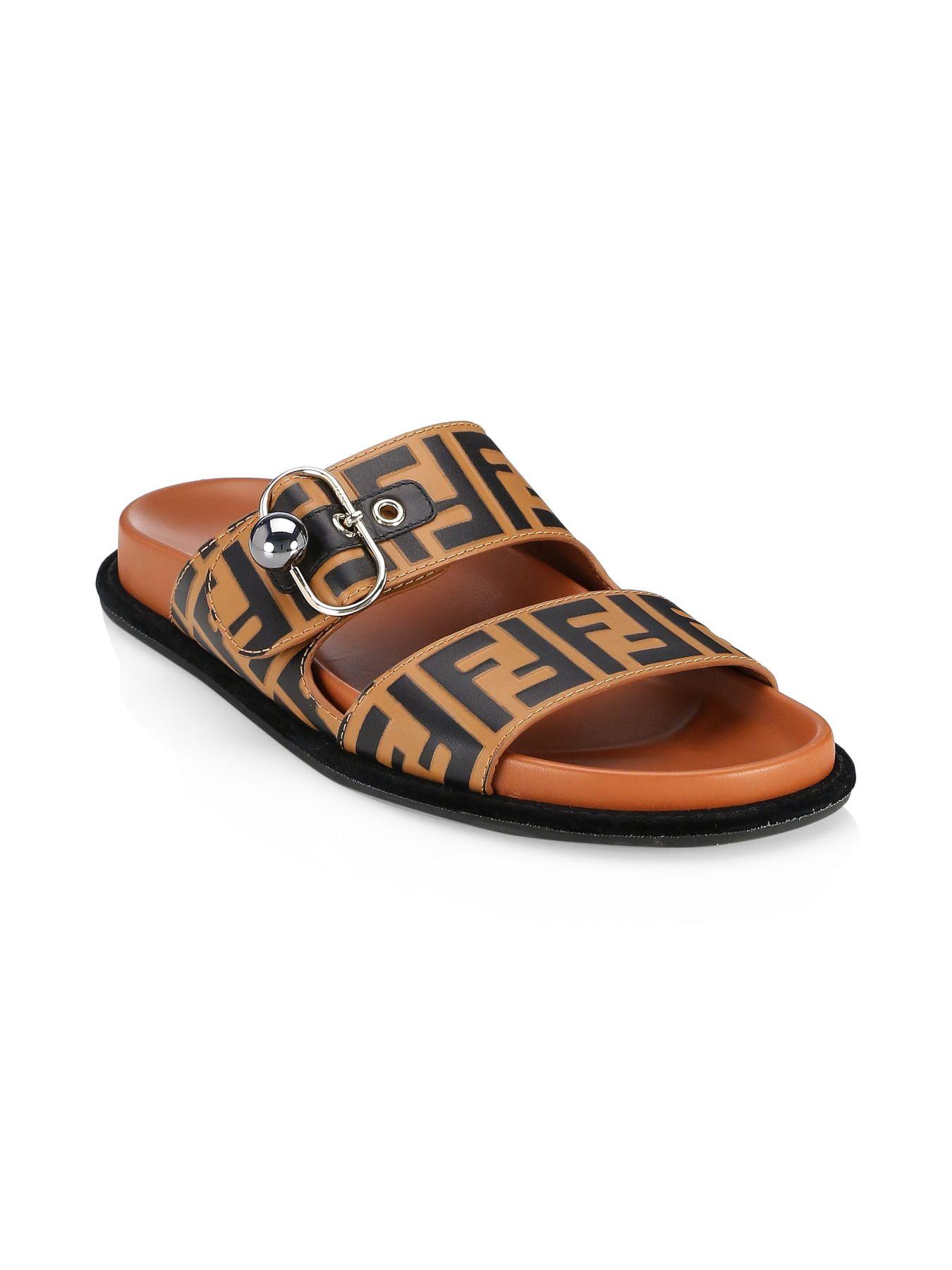 Fendi Leather Flat Sandals in Brown | Lyst