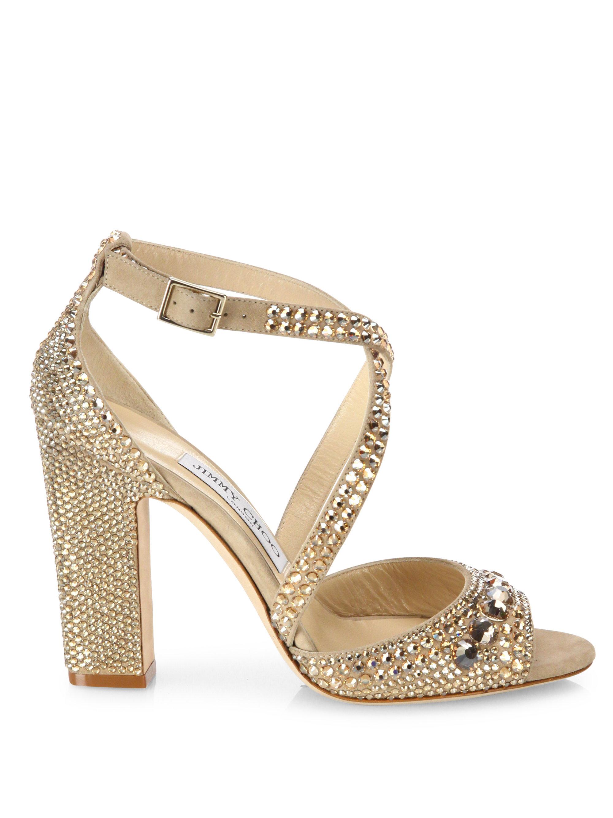 Jimmy Choo Carrie 100 Crystalembellished Suede Block Heel Sandals Lyst