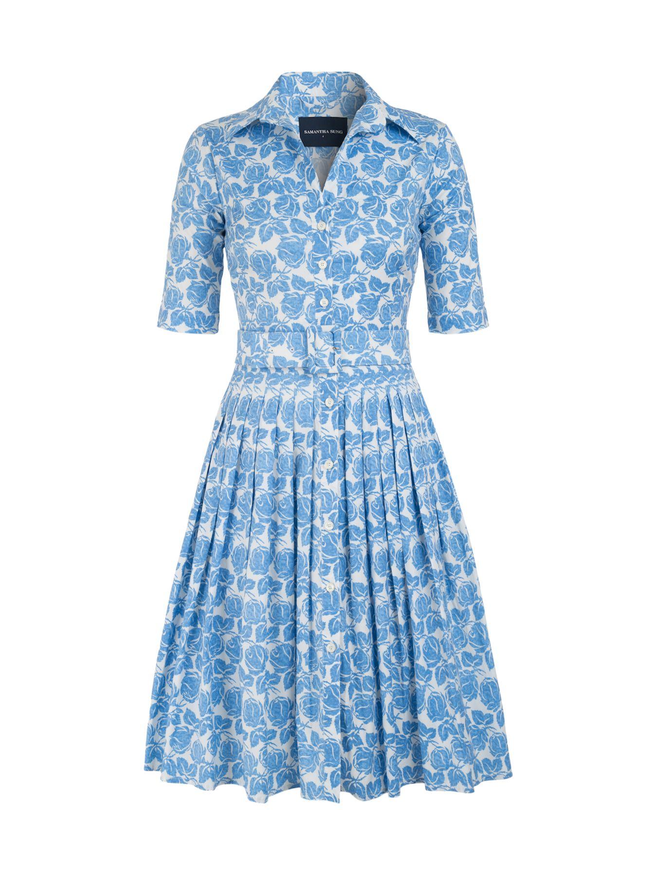 Samantha Sung Cotton Audrey Rose-printed Belted Shirtdress in Soft Blue