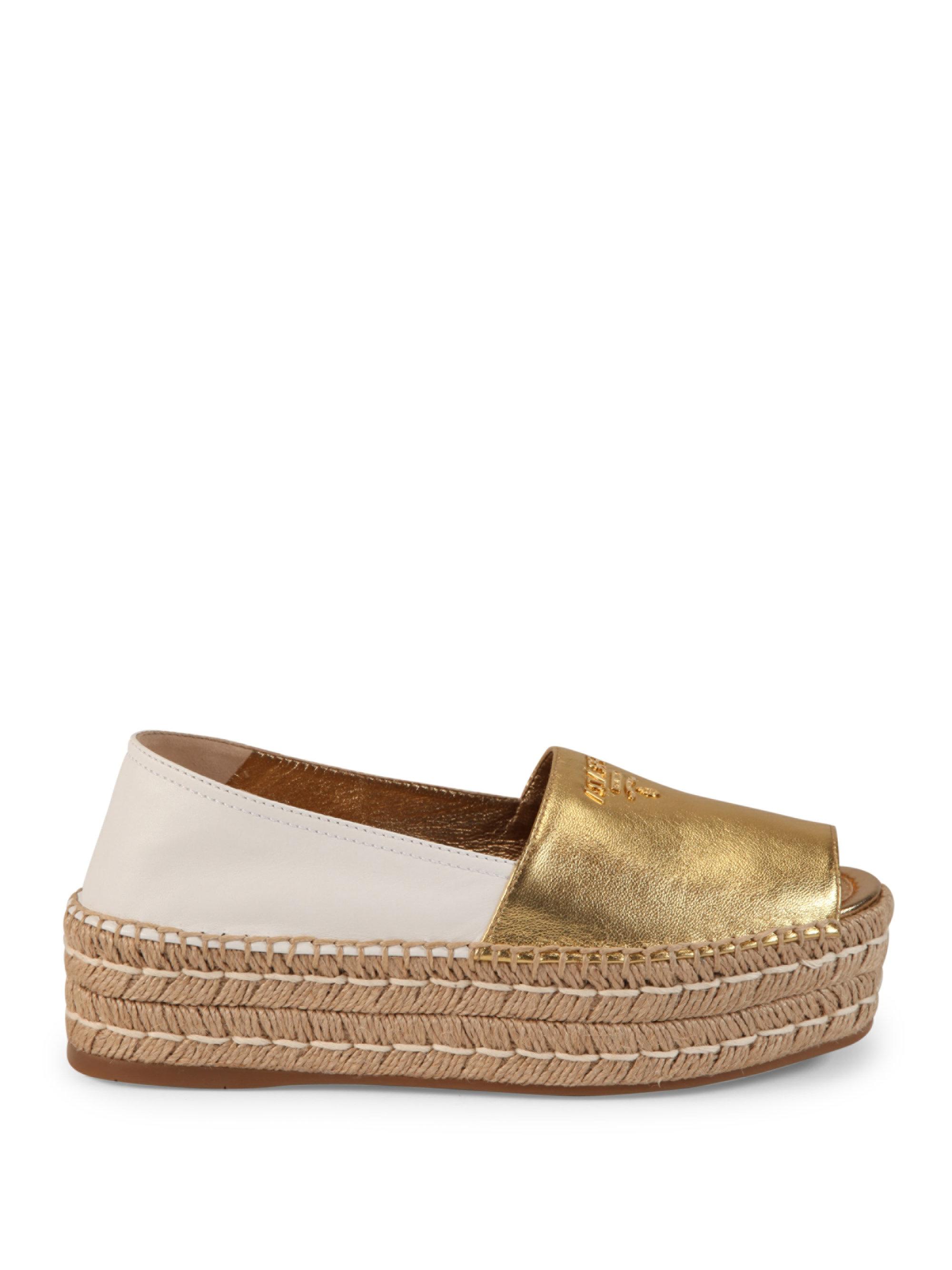 Prada Two-tone Leather Peep Toe Platform Espadrilles in Metallic | Lyst