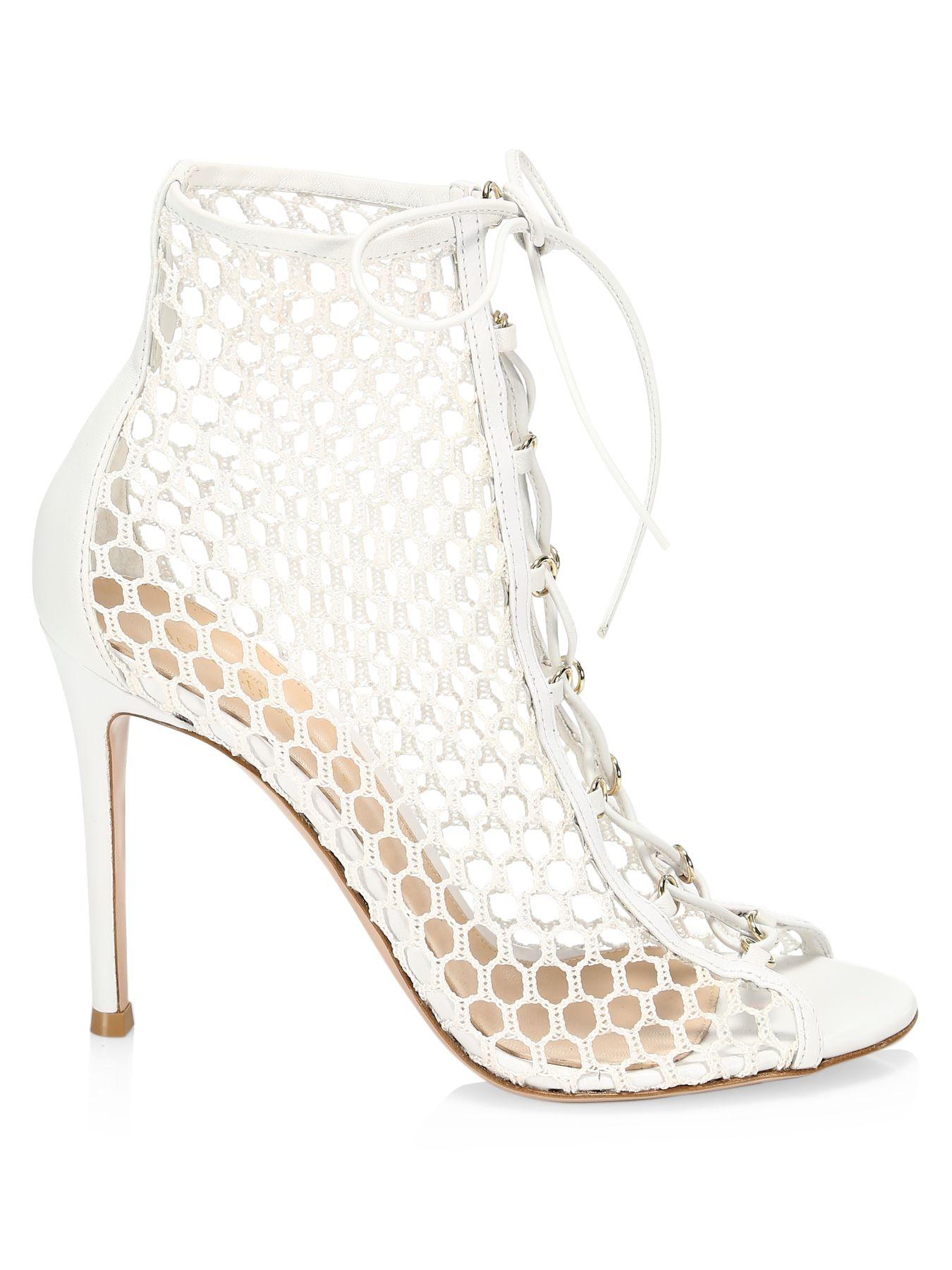 Gianvito Rossi Helena Lace-up Mesh Leather Booties in White - Lyst