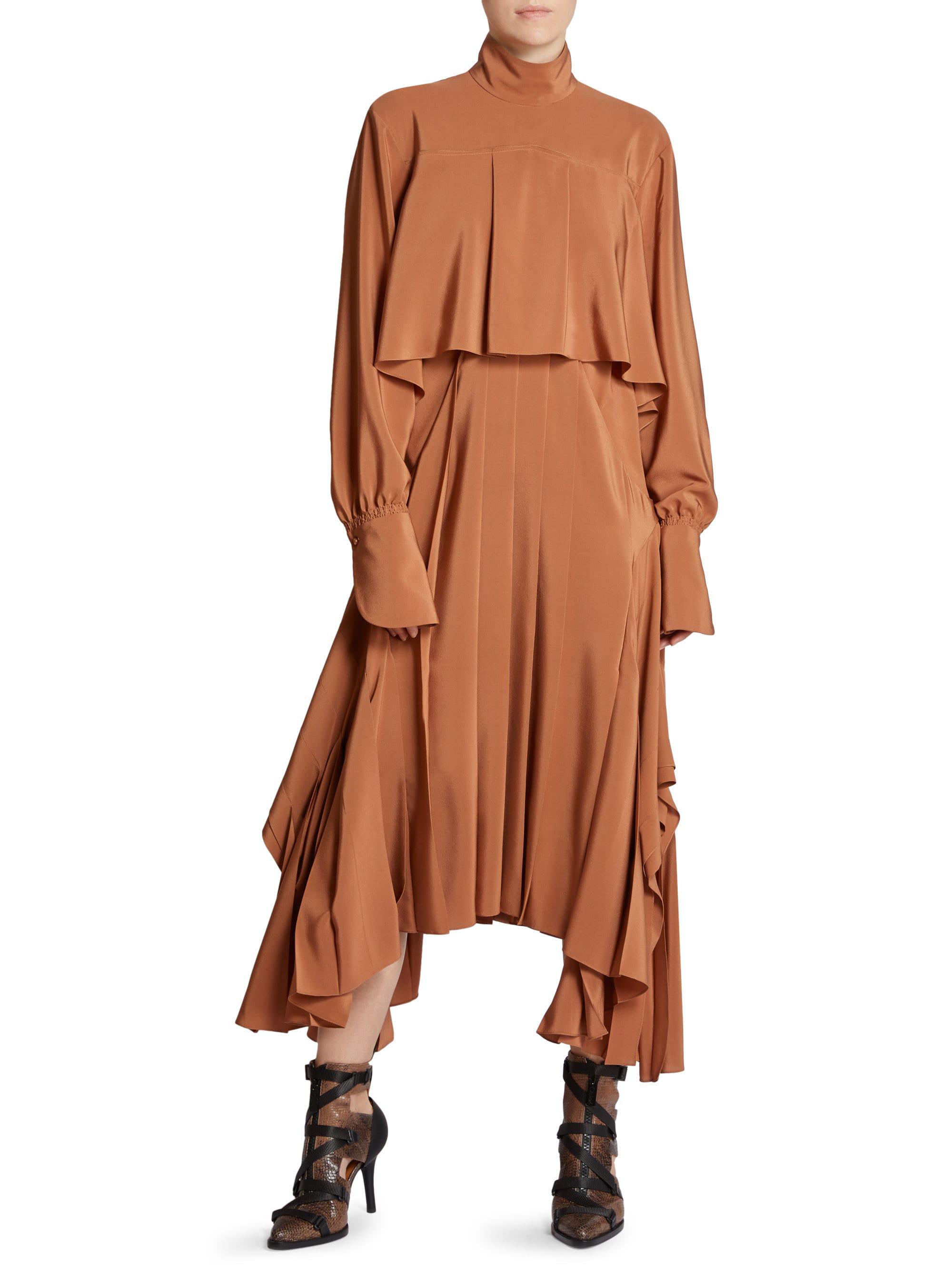 Chloé Handkerchief Hem Silk Crepe De Chine Dress in Light Brown 