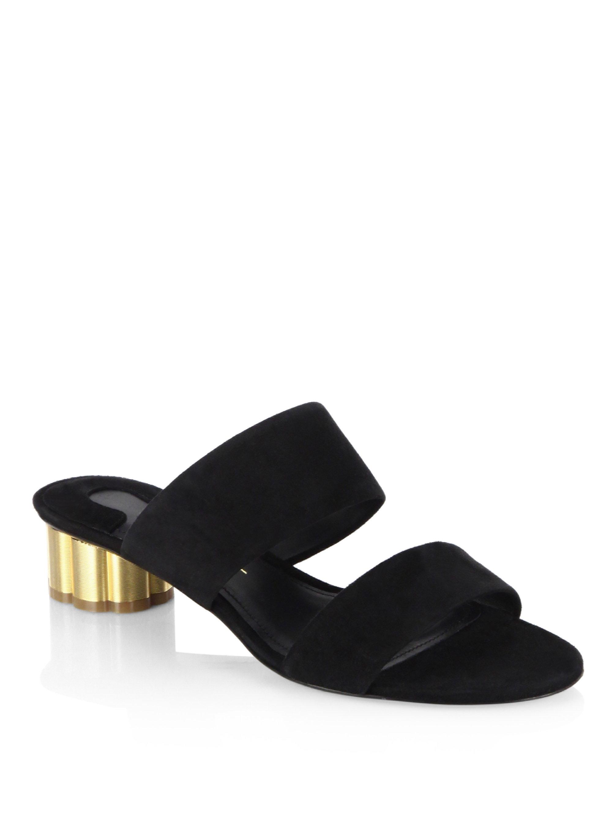 Ferragamo Belluno Flower Heel Suede Slide Sandals in Black | Lyst