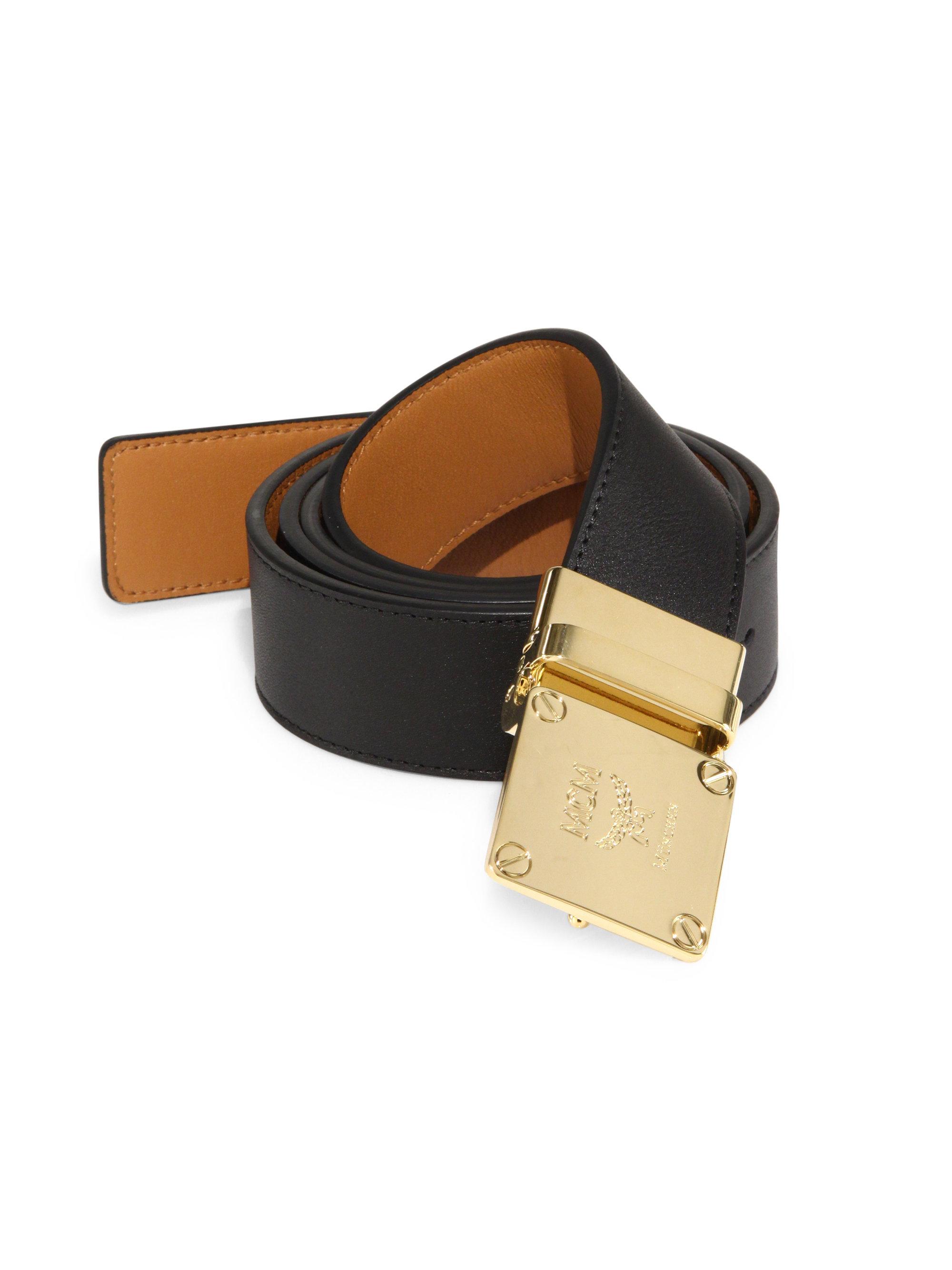 MCM Goldtone Brass Buckle Leather Belt in Black for Men - Lyst