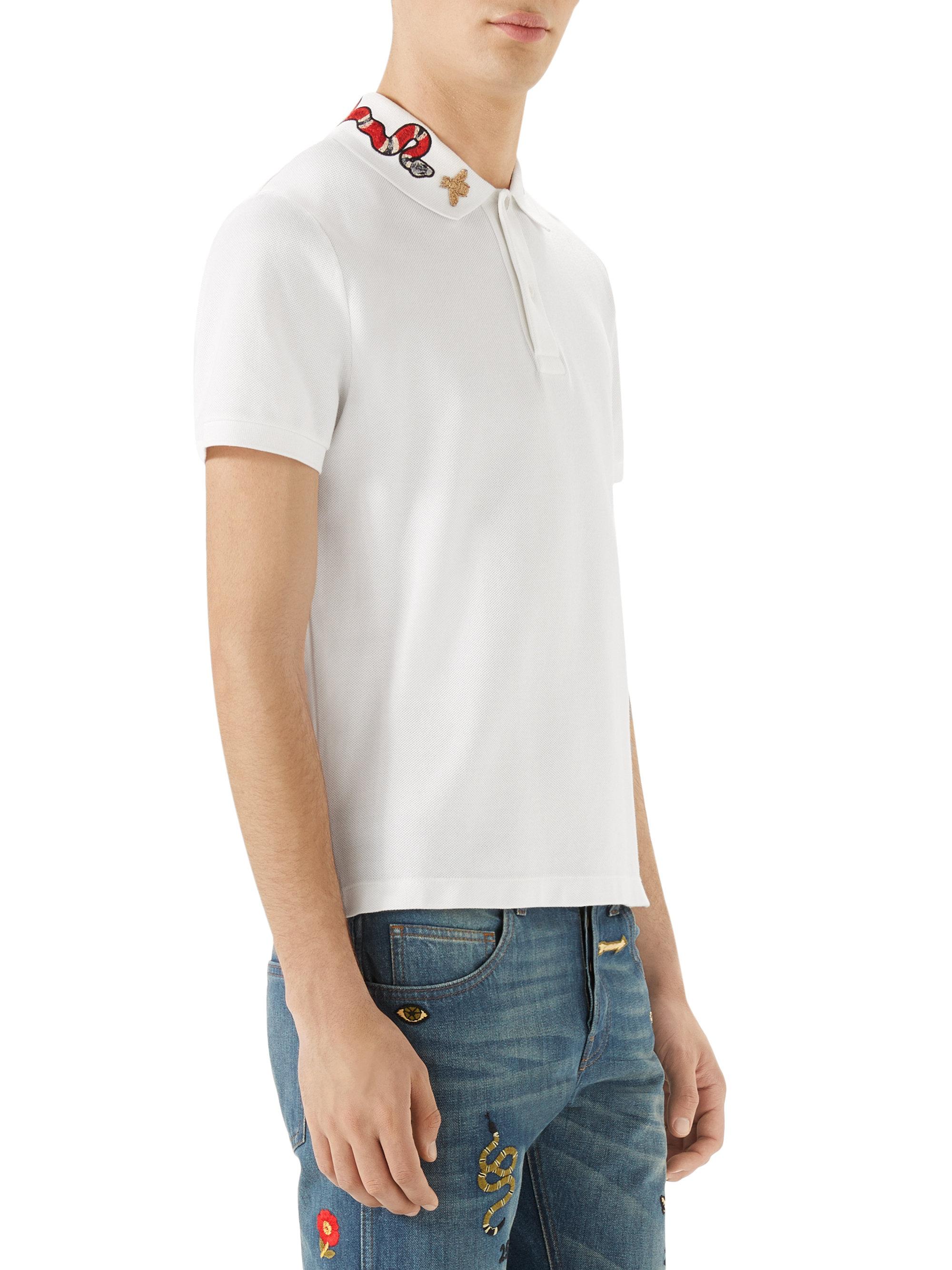 Gucci Cotton Kingsnake Embroidered Polo Shirt in White for Men - Lyst