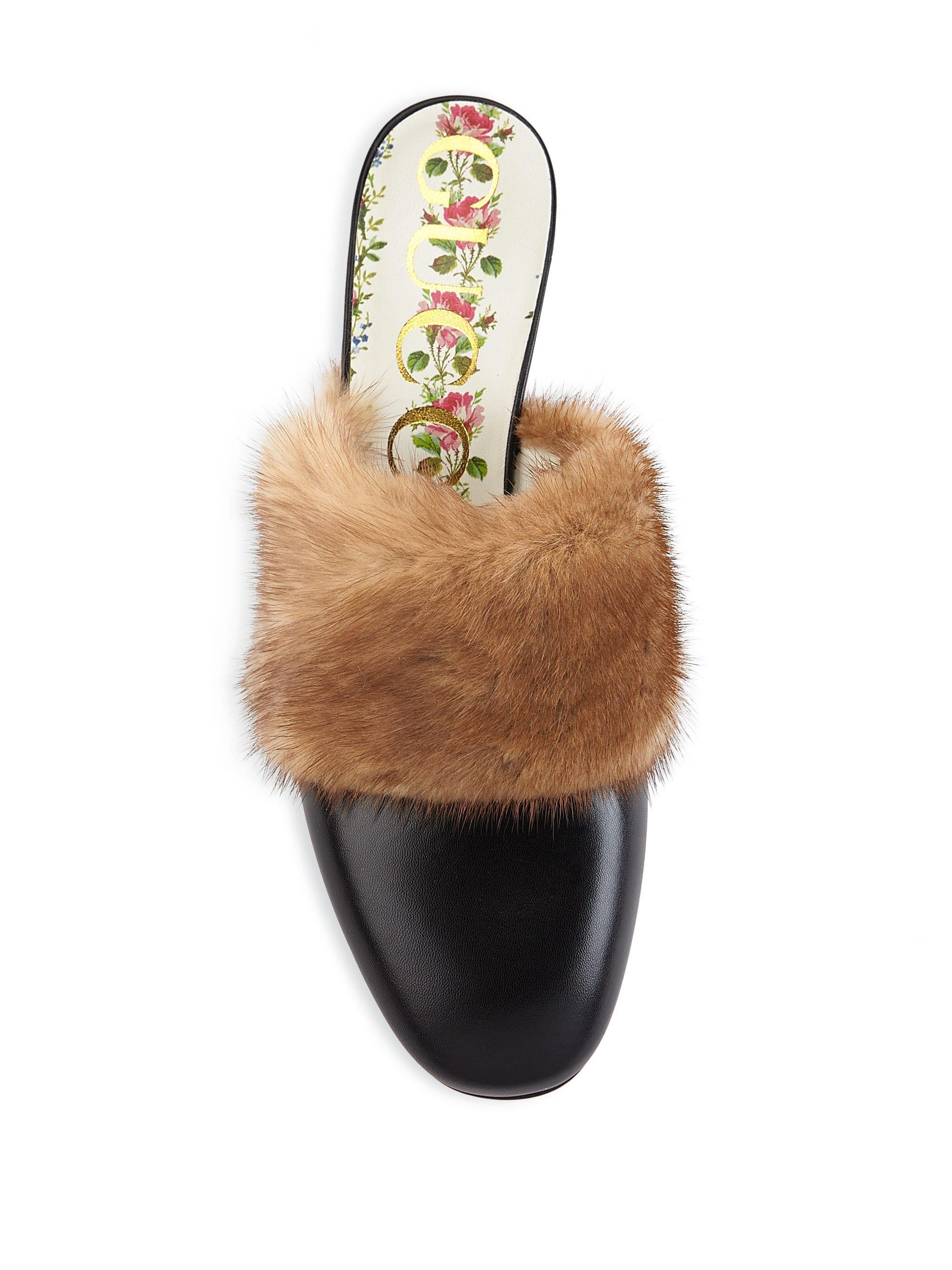 Gucci Leather Slide With Mink Fur in Black - Lyst