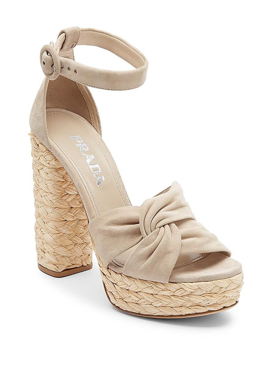 Prada Suede Raffia Platform Sandals in Tan (Natural) | Lyst