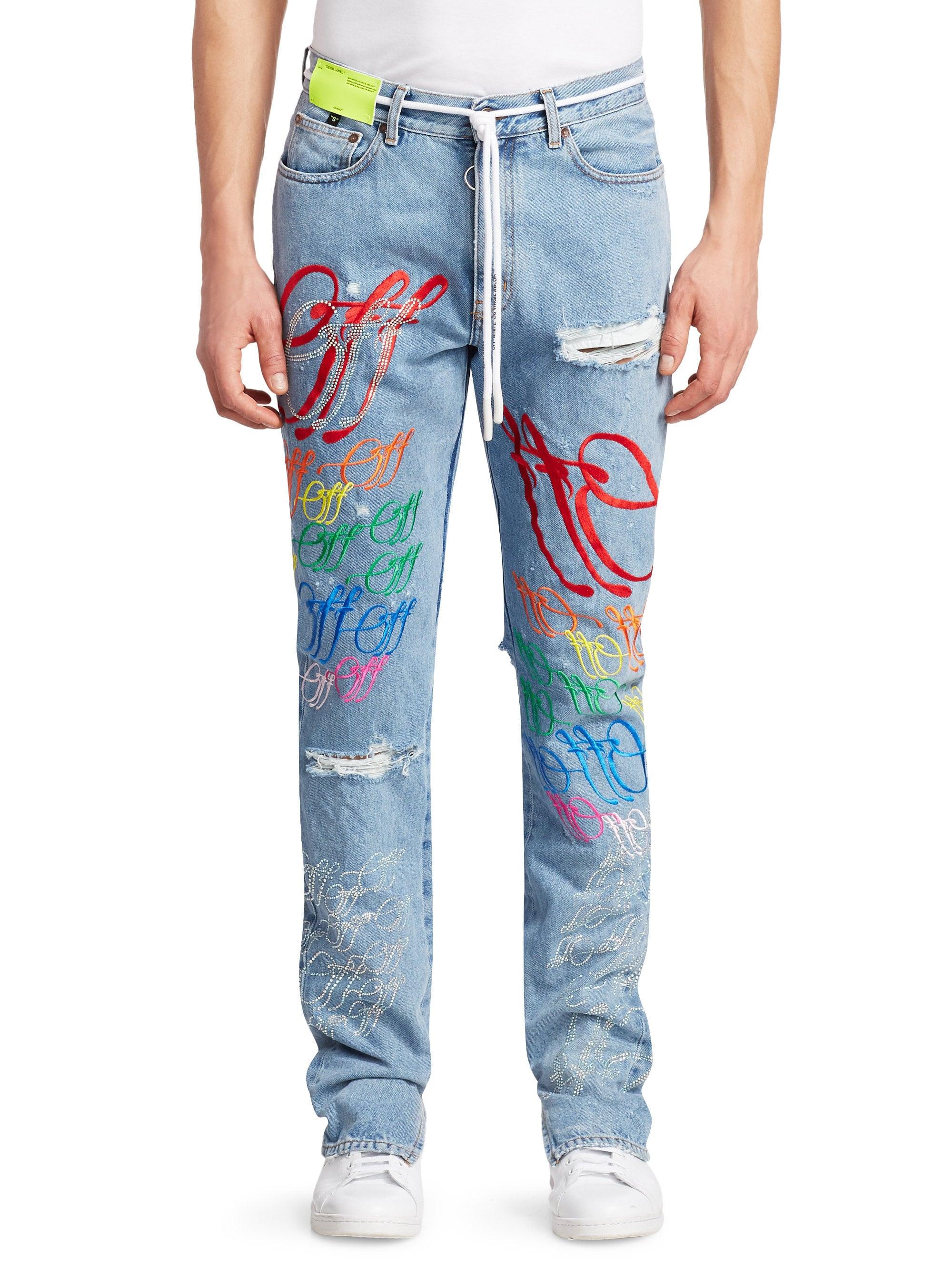 Off-White c/o Virgil Abloh Denim Distressed Graffiti Jeans in Blue for Men  - Lyst