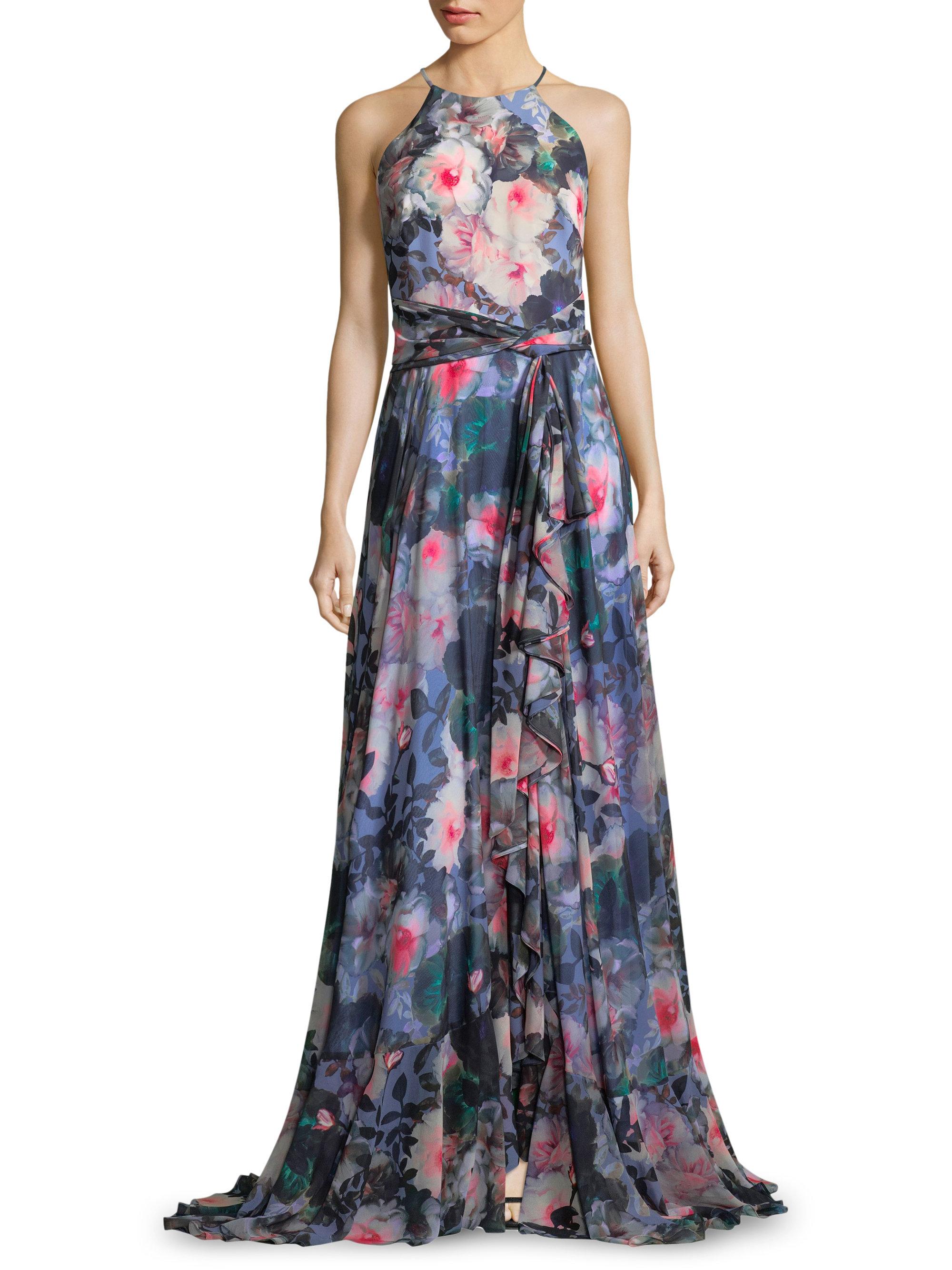 Badgley Mischka Synthetic Cold Shoulder Floral Ruffle Wrap Gown in Blue ...