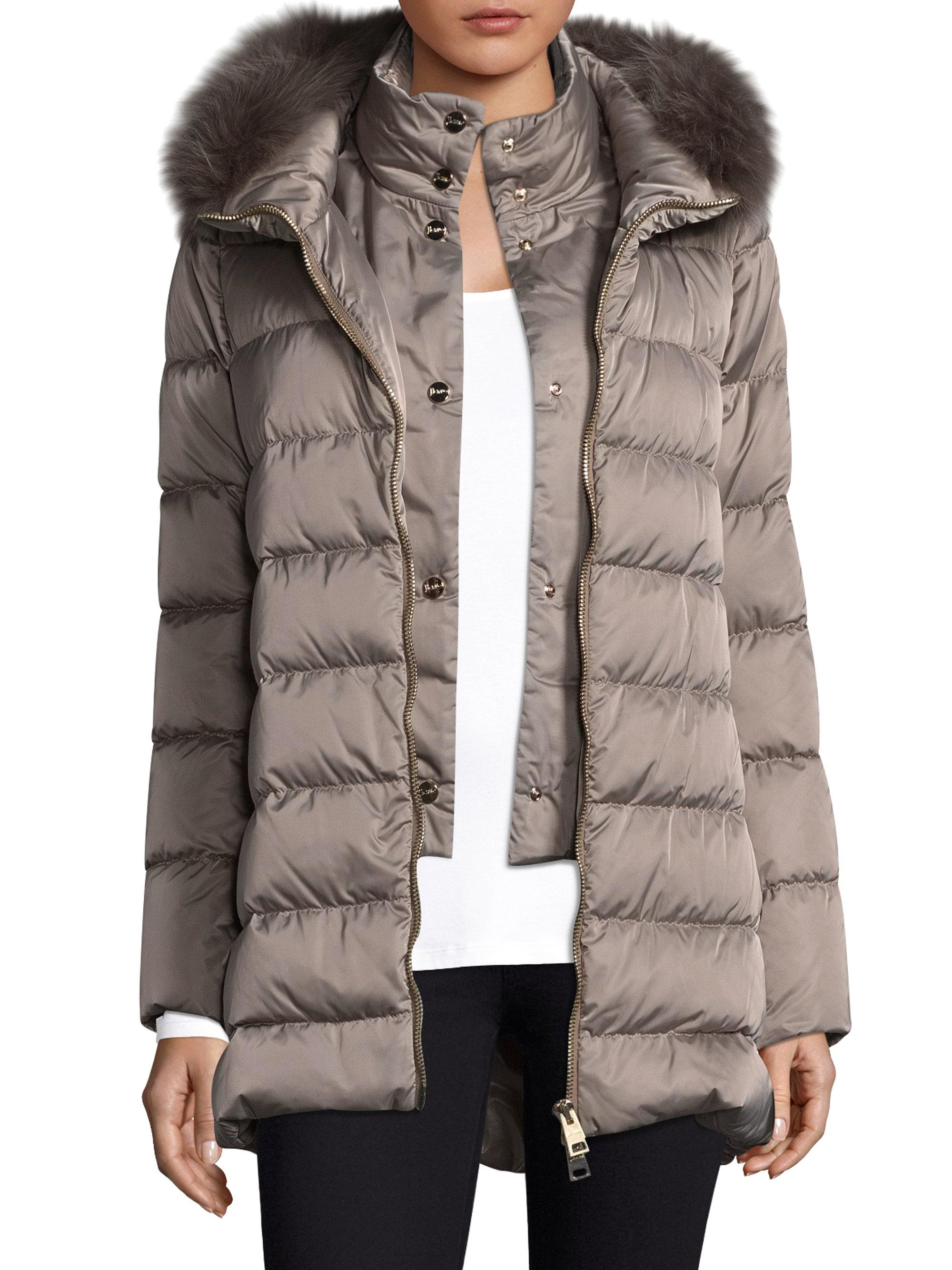 Herno Fox Fur Trim Satin Down Coat Lyst