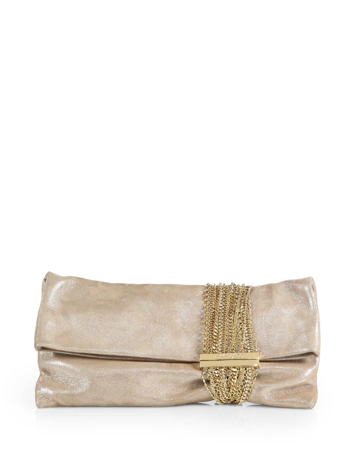 Jimmy Choo Chandra Shimmer Suede Chain Clutch in Natural | Lyst