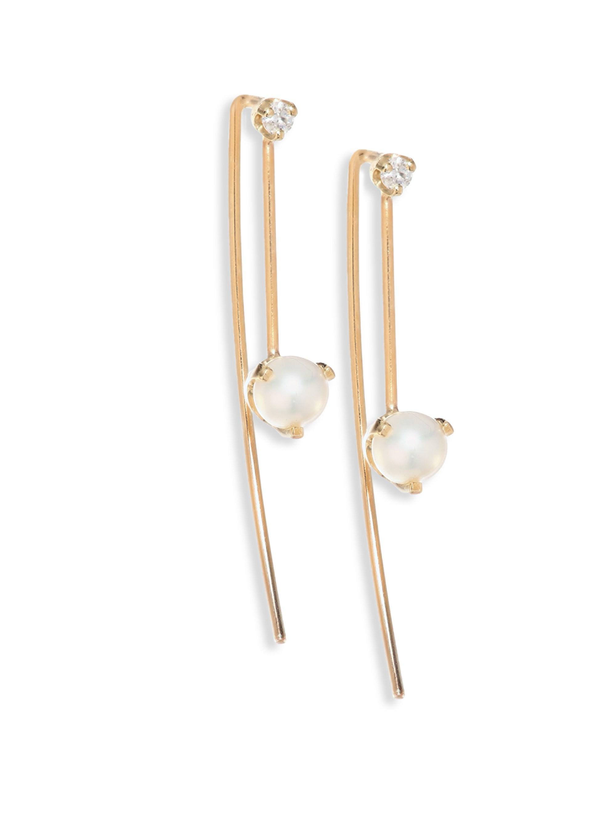 Zoe Chicco Diamond, 4mm White Pearl Threader Earrings - Yellow Gold - Lyst