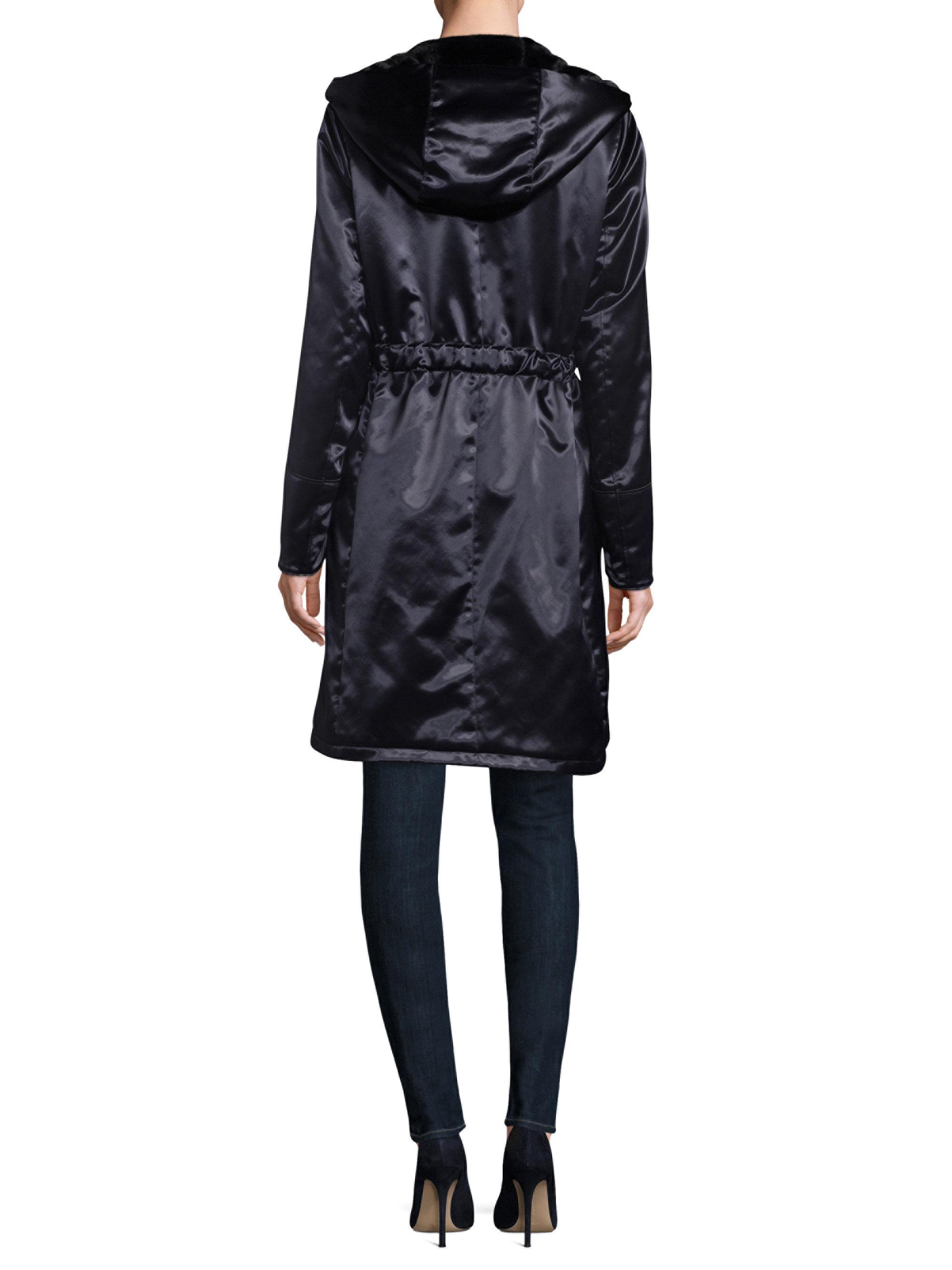 Download Jane Post Shiny Satin Hooded Coat With Faux Fur in Navy ...