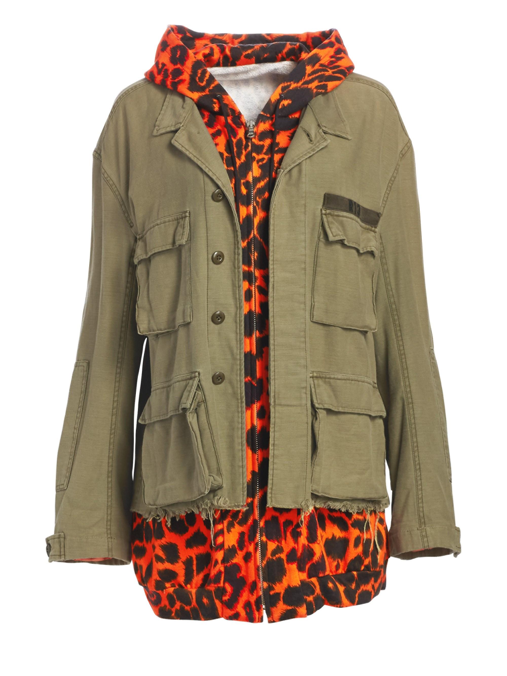 R13 Long Military Jacket With Leopard Print Hoodie Lyst