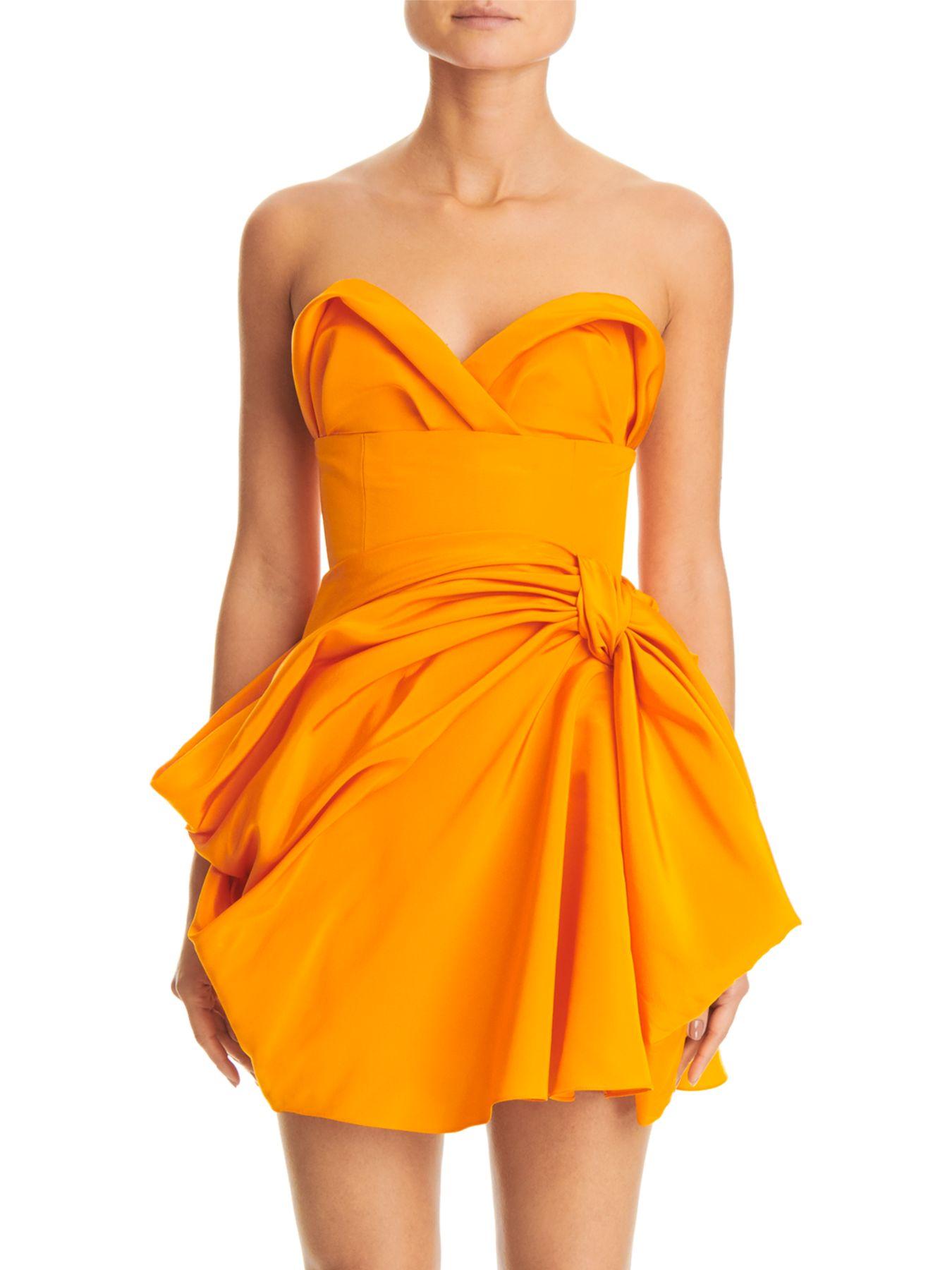 Carolina Herrera Strapless Gathered Silk Mini Dress in Marigold (Orange ...