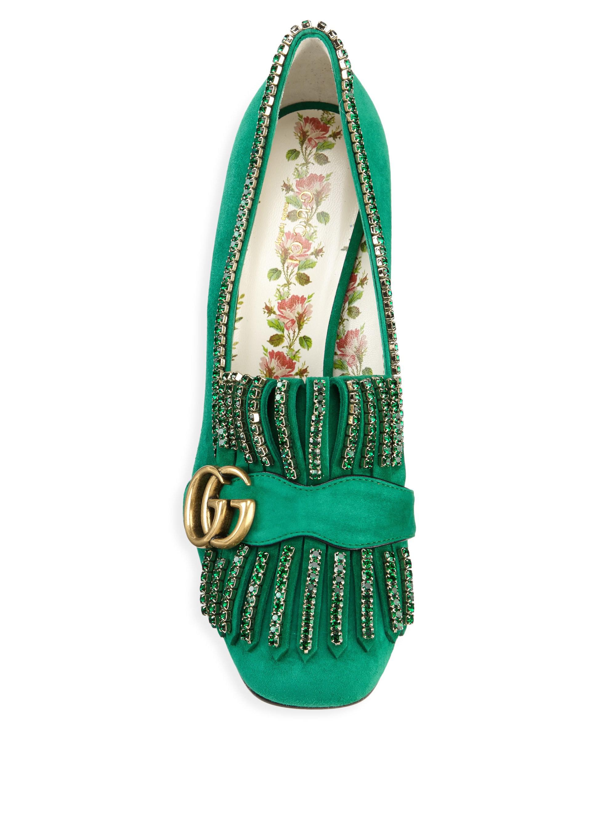 Gucci Marmont Mid-heel Pumps With Crystals in Emerald (Green) Lyst