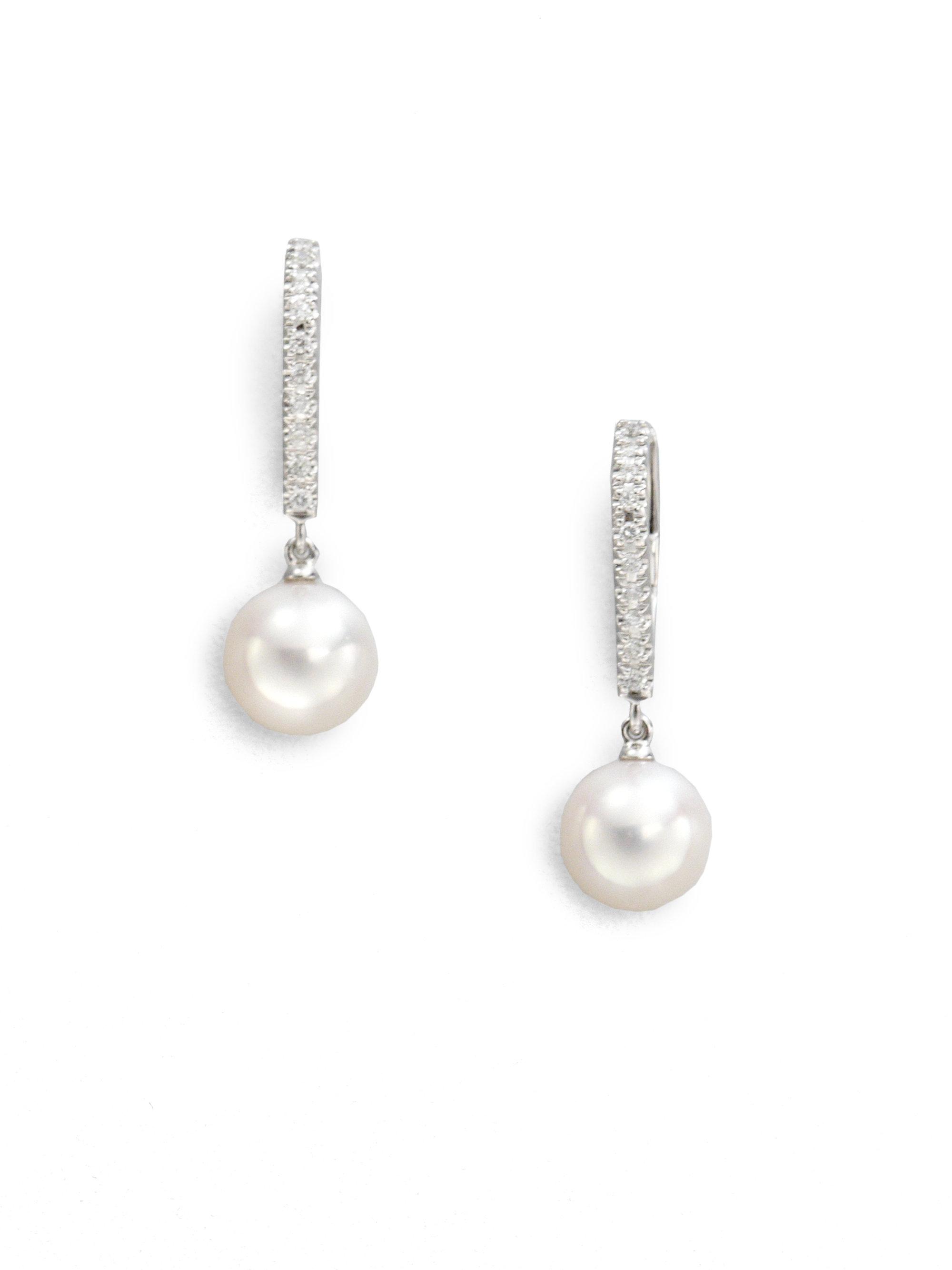 7 5mm White Cultured Akoya Pearl Diamond 18k Gold Drop Earrings 7 5mm White Cultured Akoya Pearl Diamond 18k Gold Drop Earrings