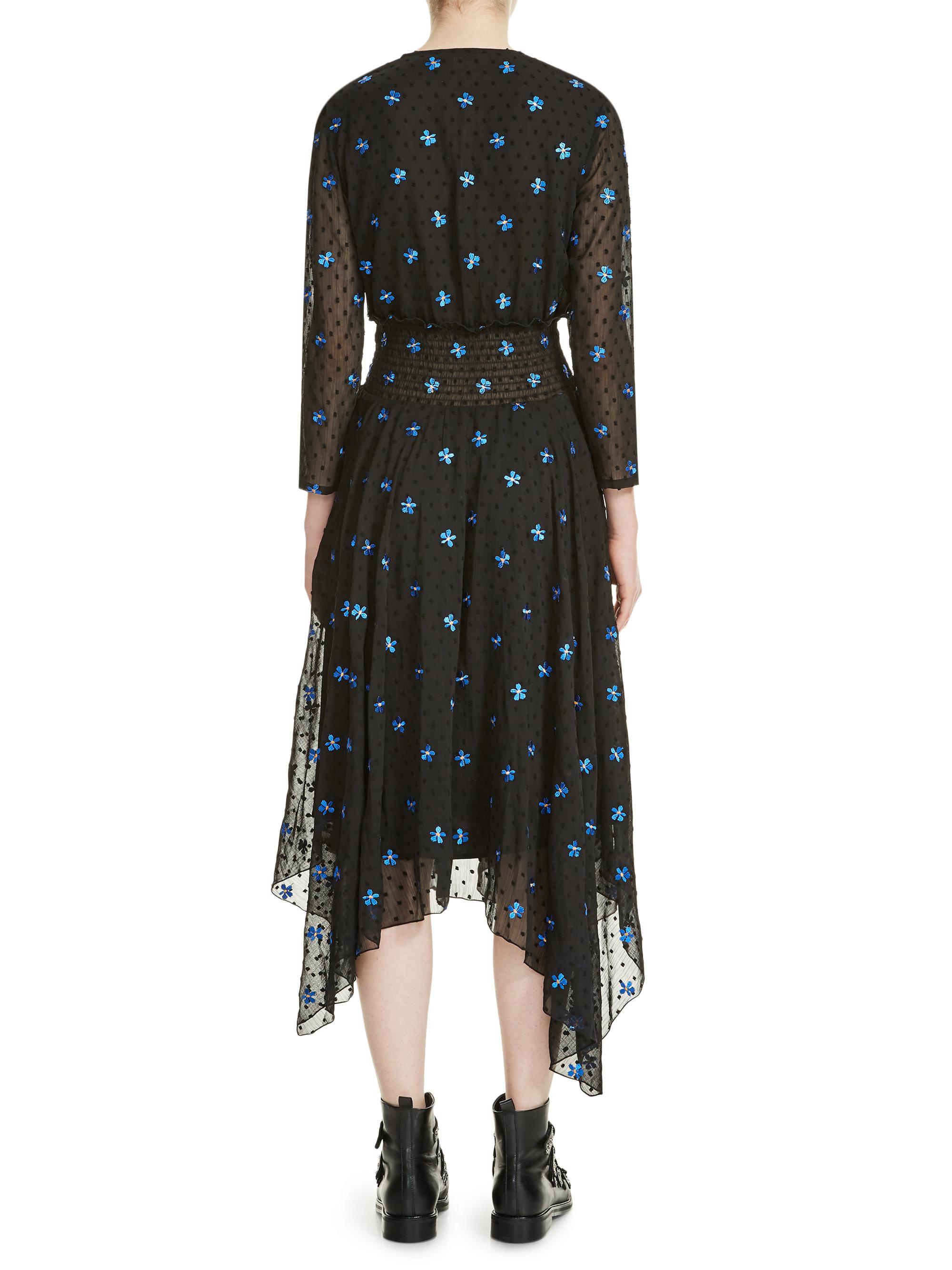 black dress blue flowers