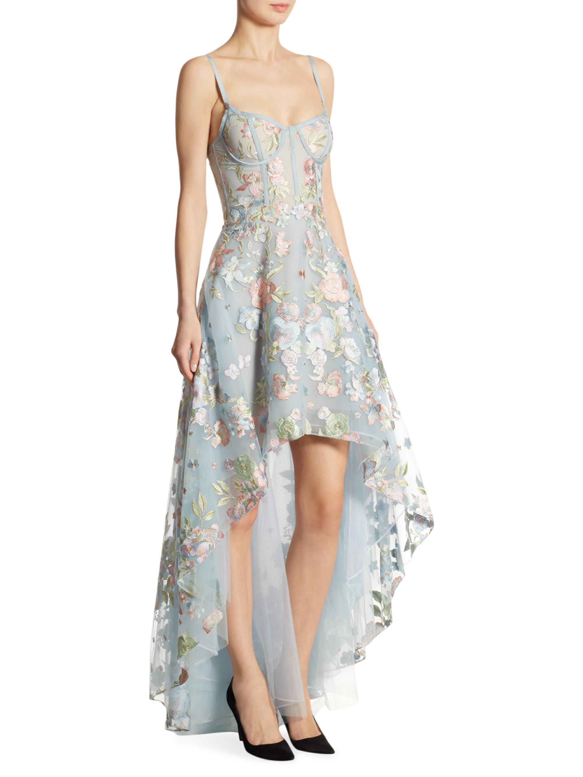 Marchesa notte Embroidered Tulle Hi-lo Gown in Blue | Lyst