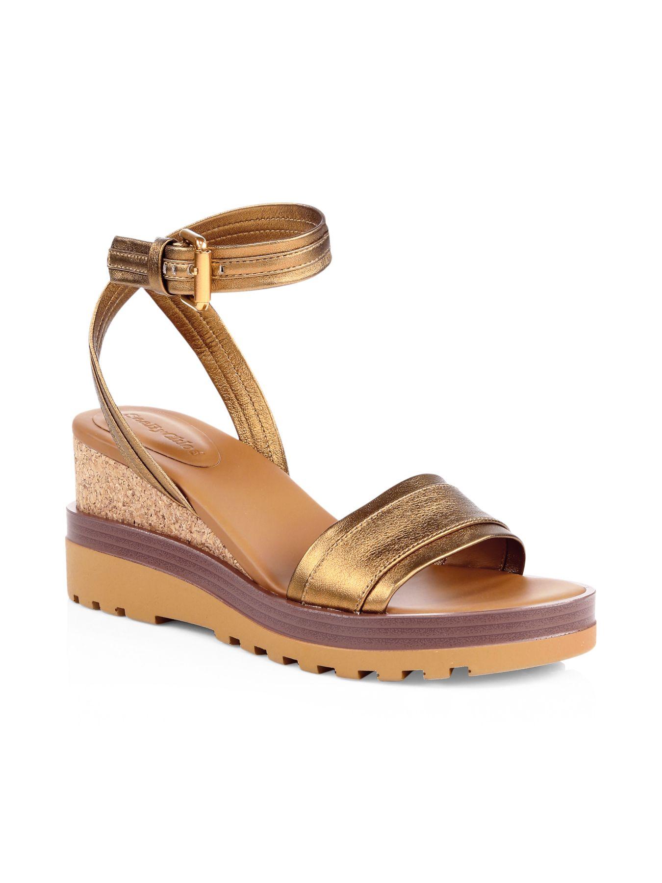 See By ChloÃ© Robin Metallic Leather Platform Wedge Sandals - Lyst