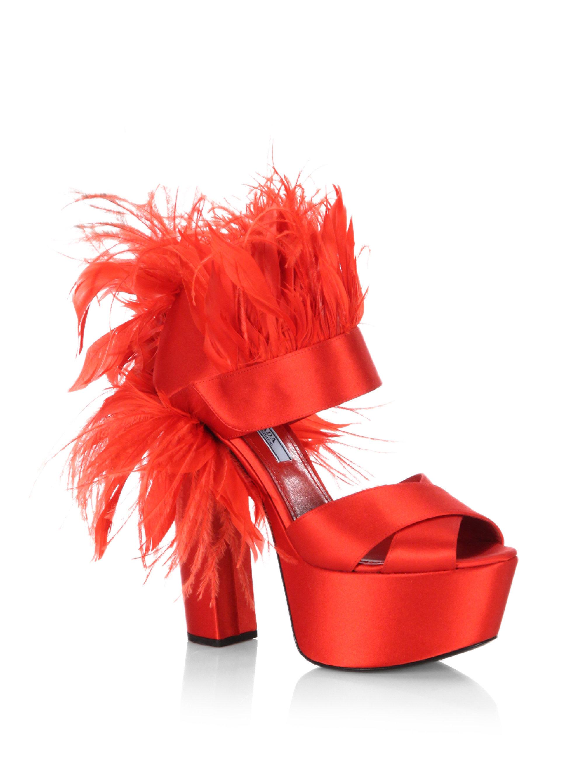 Prada Feather-trim Satin Platform Sandals in Red - Lyst
