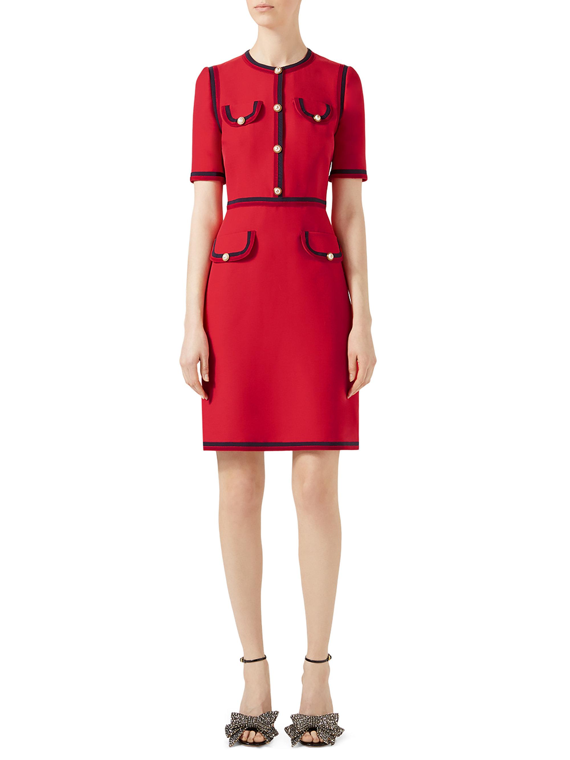 Lyst Gucci Cady Pearl On Wool Silk Dress In Red Gucci