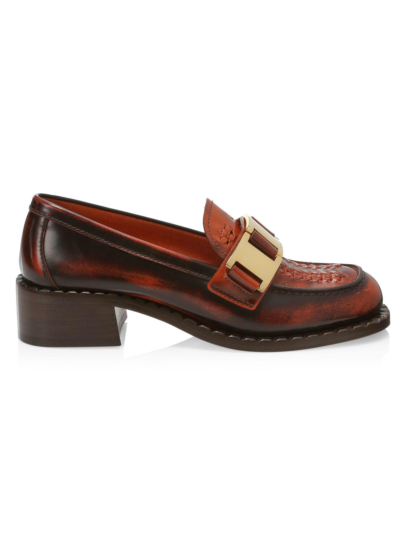 prada block heel leather loafers