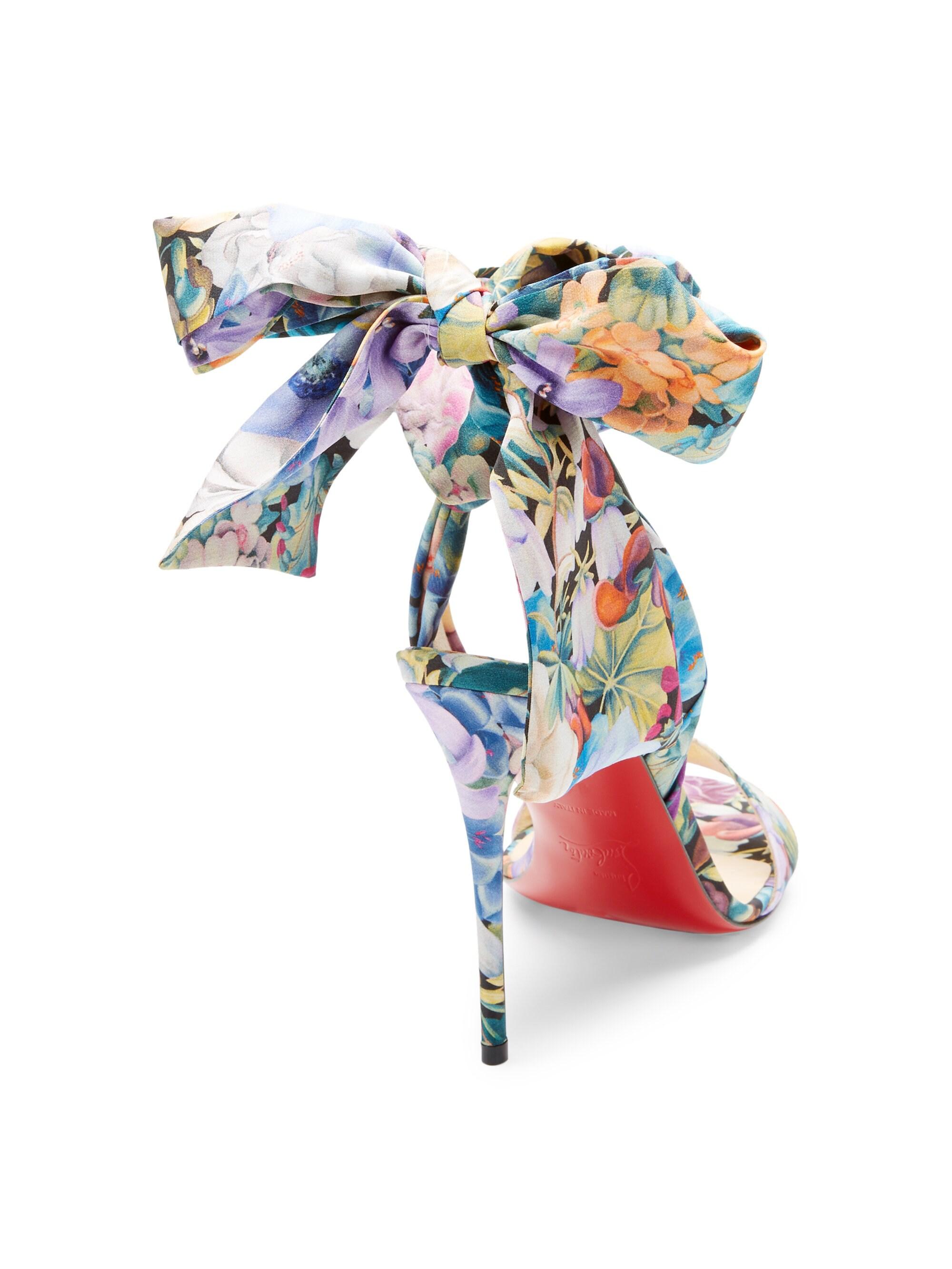 Louboutin's Jeweled Floral-Print Silk Rosapetra Sandals