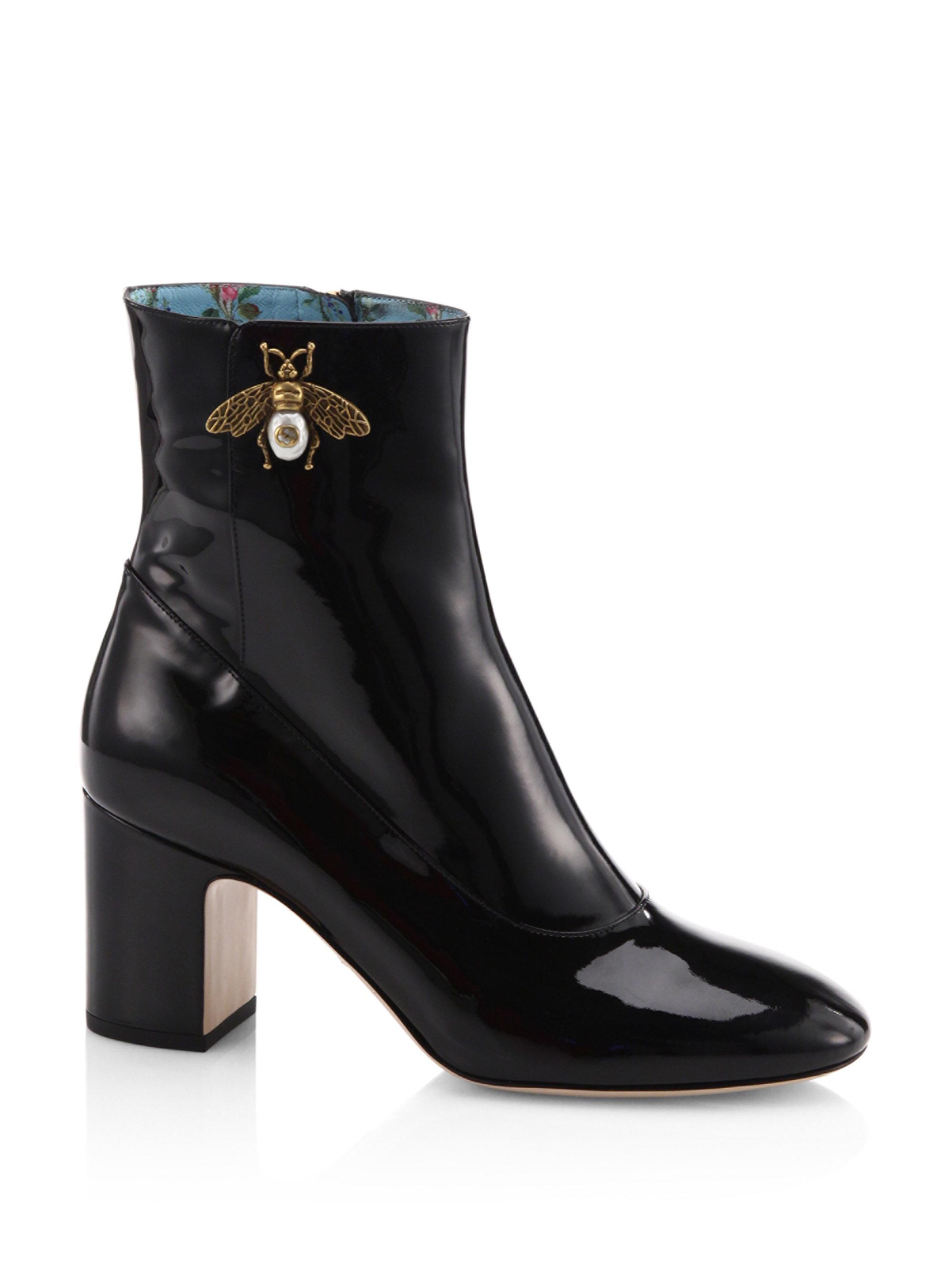 Gucci Lois Patent Leather Block Heel Booties in Black - Lyst