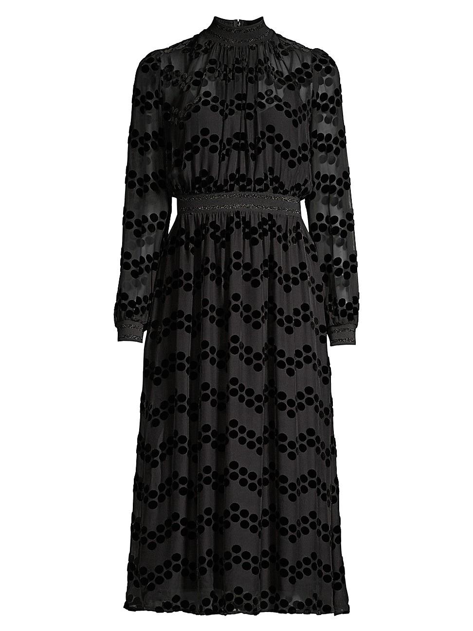 Tory Burch Velvet Dot Mock-neck Long-sleeve Devore Burnout Midi Dress in  Black | Lyst