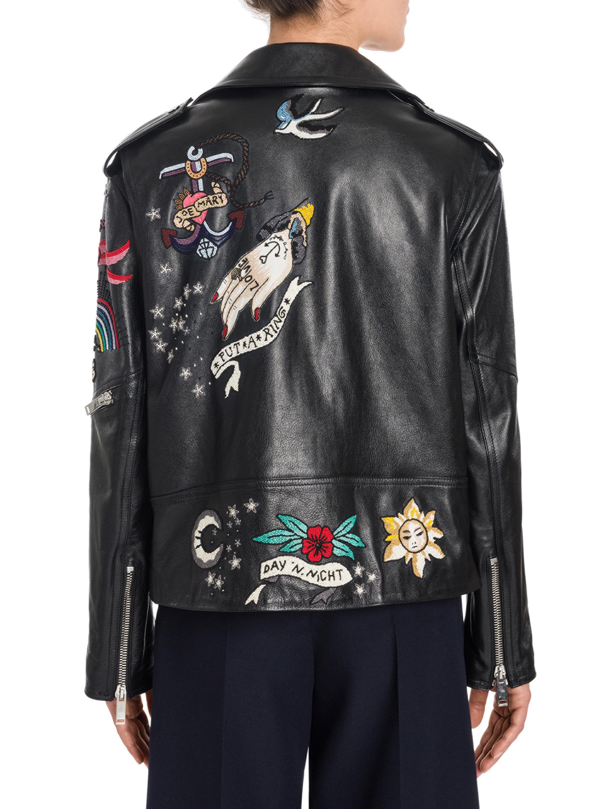 Valentino Tattoo Embroidered Leather Biker Jacket in Black - Lyst