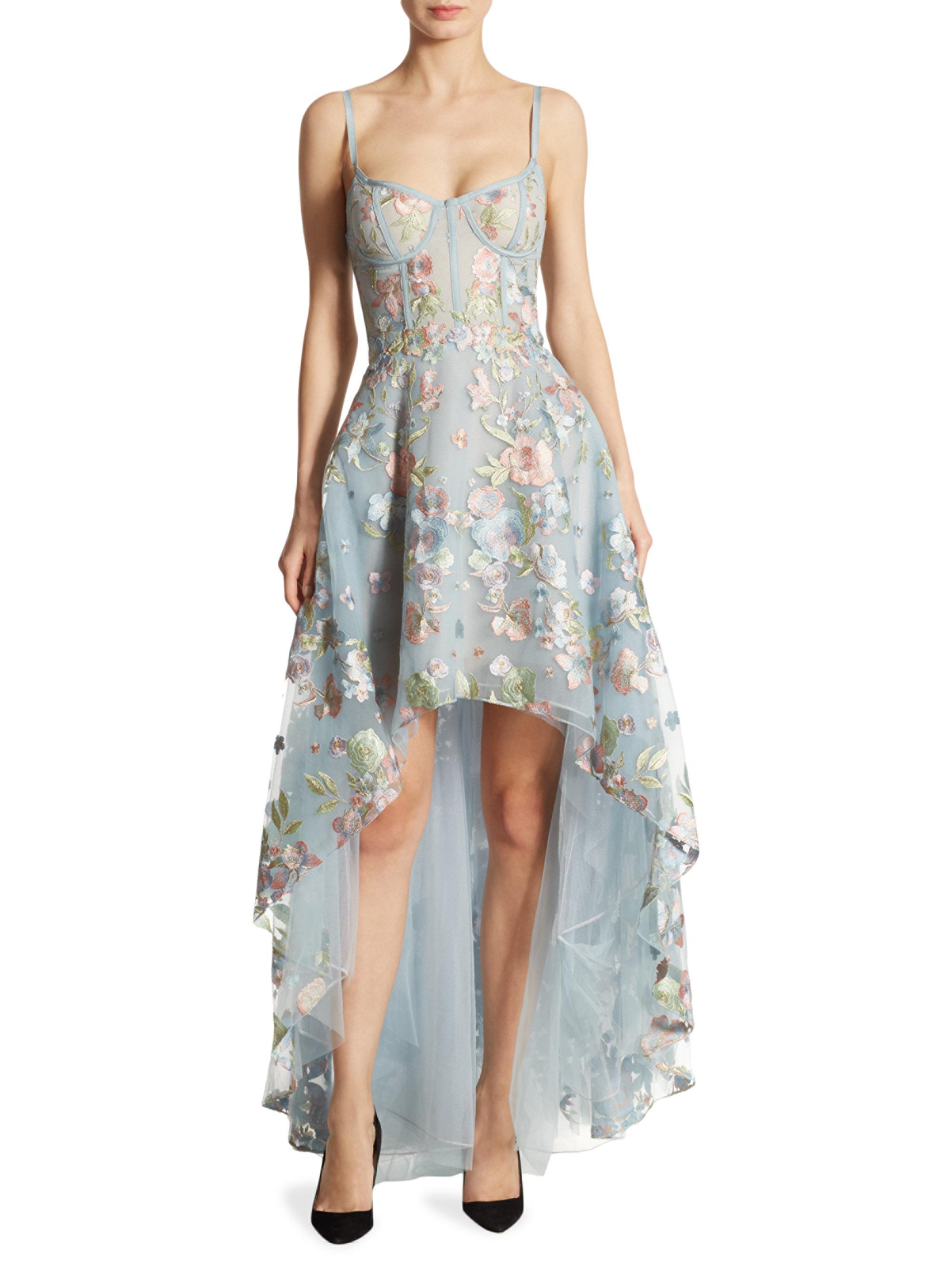 Marchesa notte Embroidered Tulle Hi-lo Gown in Blue | Lyst