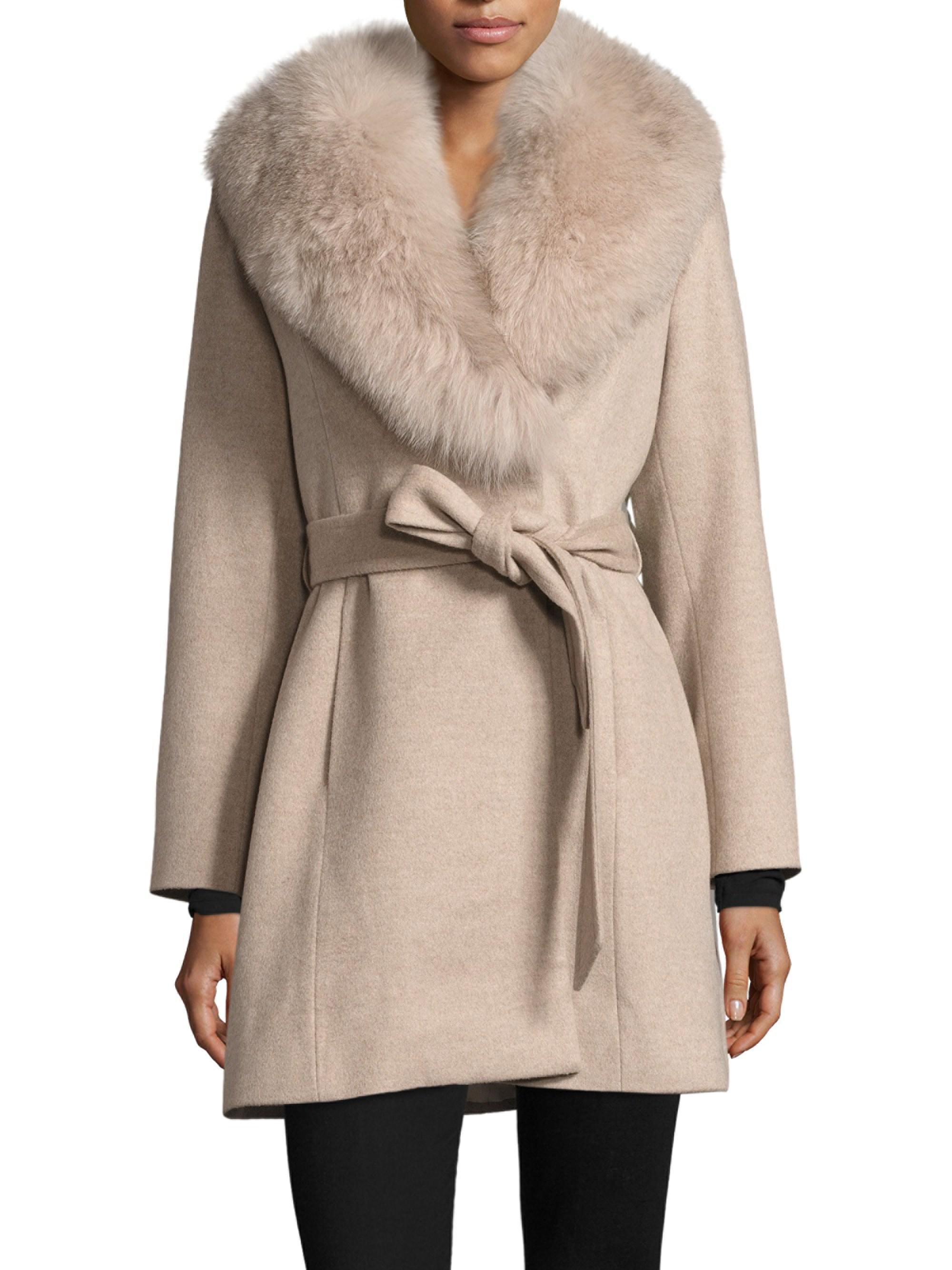 Sofia Cashmere Fox Fur-trimmed Wool Wrap Coat in Natural | Lyst