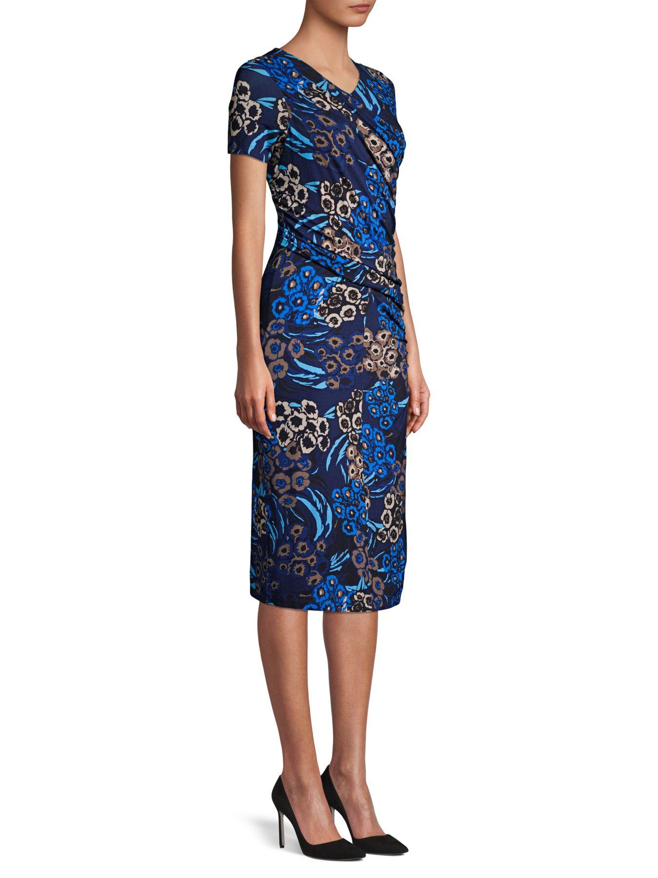 BOSS by Hugo Boss Synthetic Erykah Floral Jersey Ruched Dress in Blue ...
