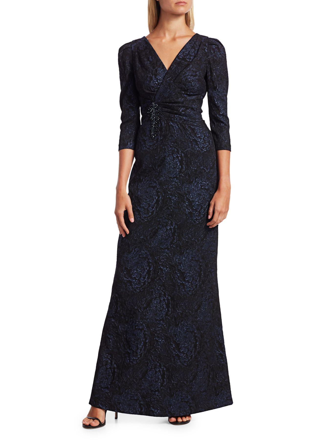 Teri Jon Synthetic Embellished Jacquard Puff-sleeve Gown in Navy (Blue