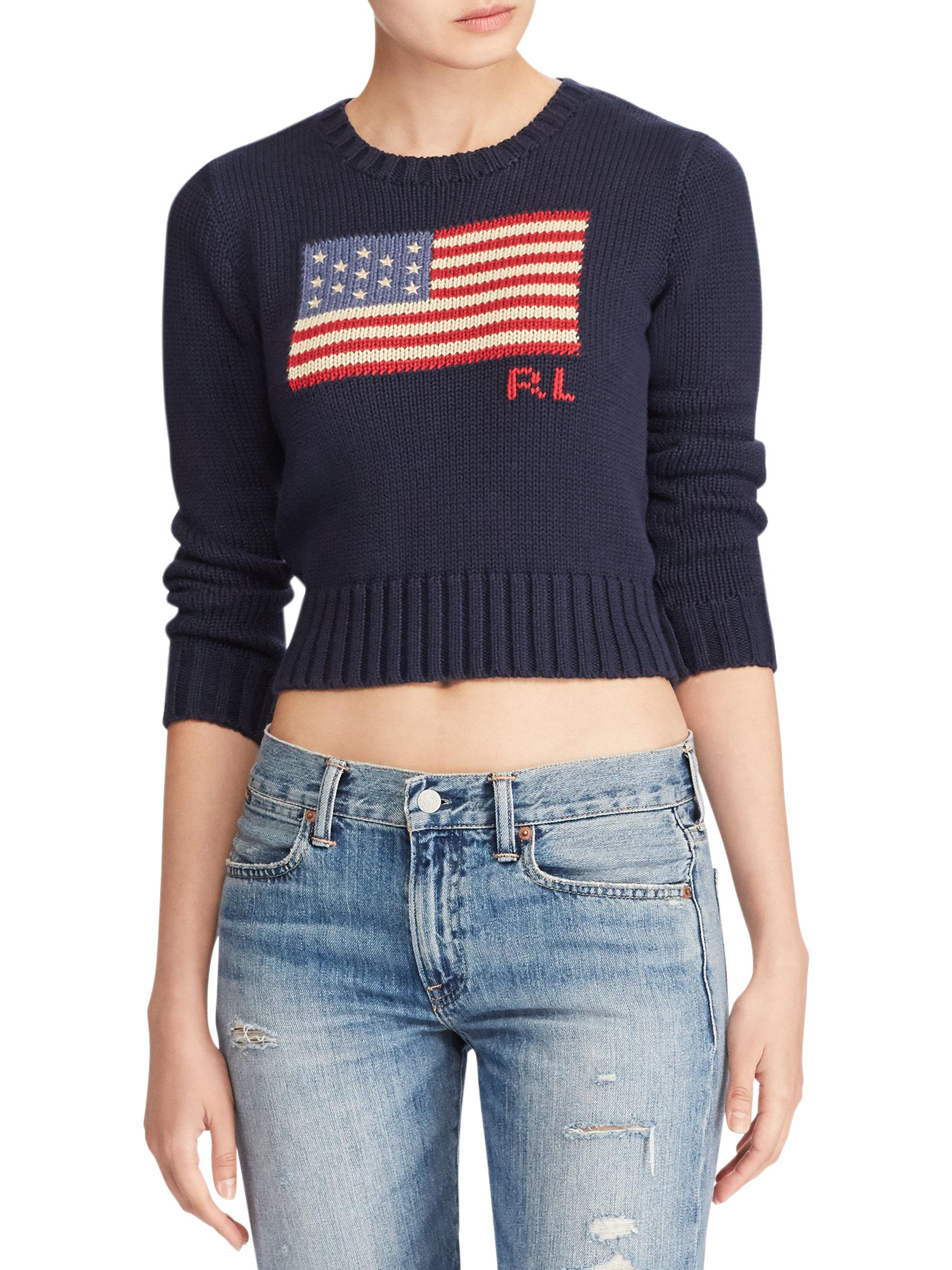 Polo Ralph Lauren Cotton Cropped Flag Knit Sweater in Navy (Blue) - Lyst